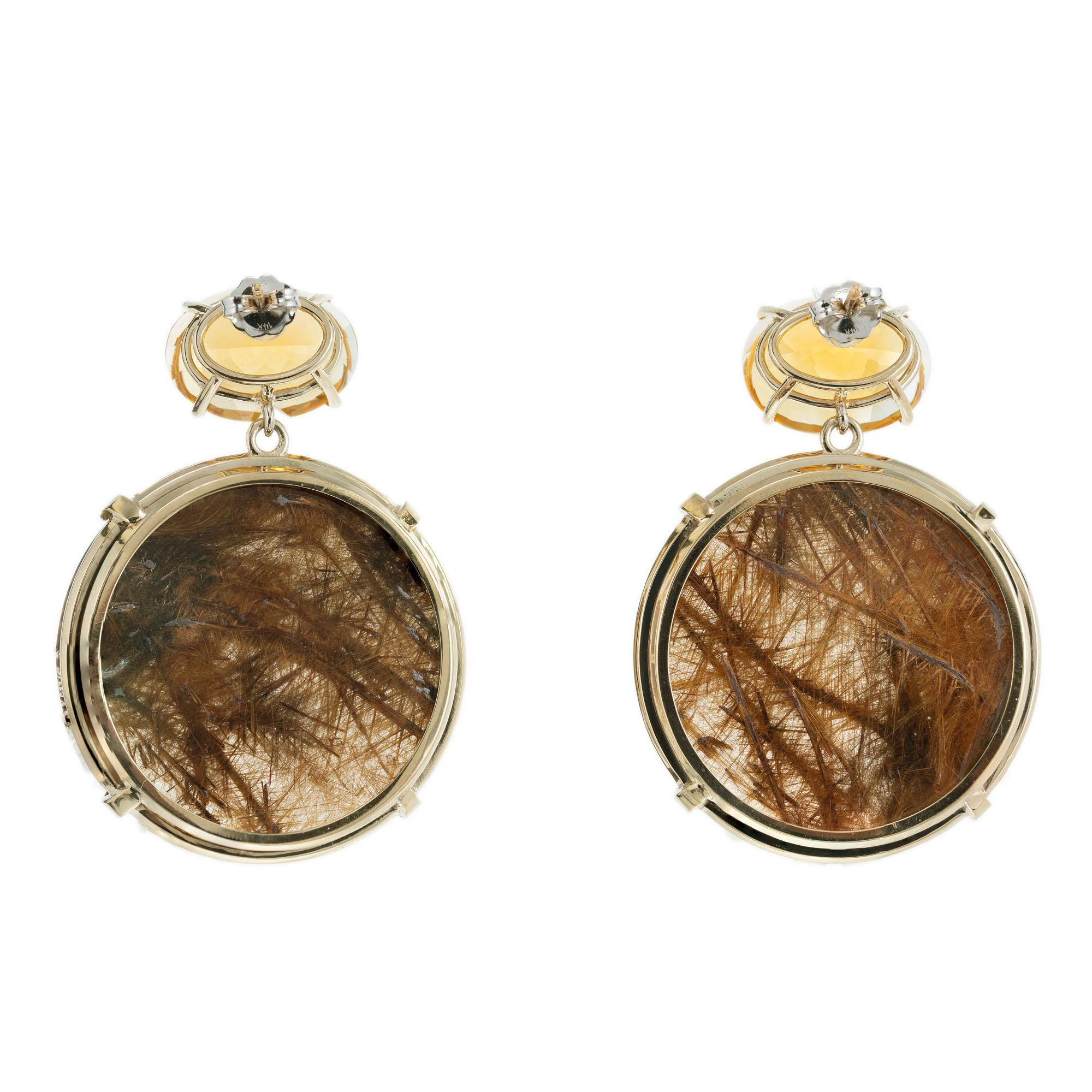 Round Cut Peter Suchy 117.50 Carat Citrine Rutilated Quartz Gold Large Dangle Earrings For Sale