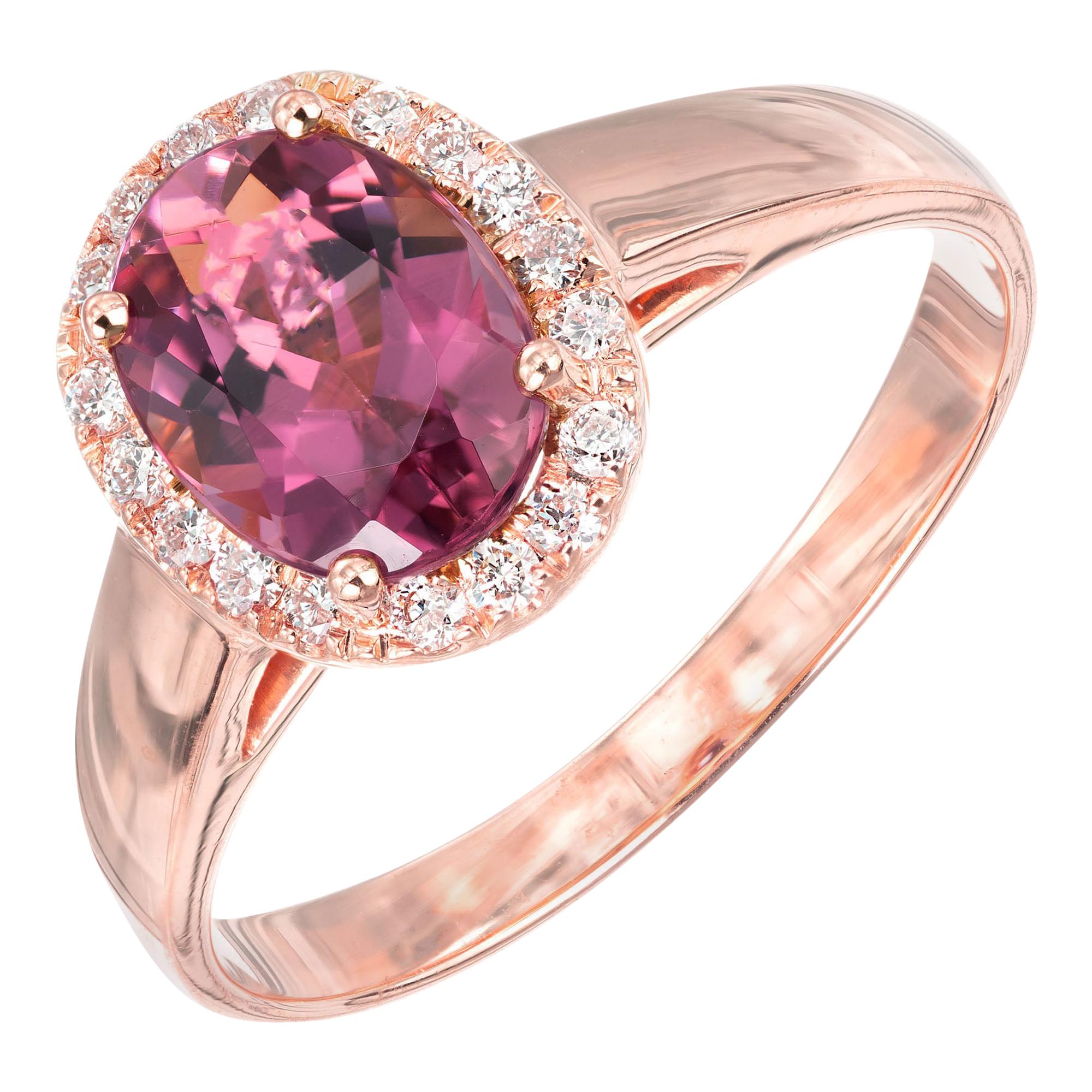 Bague de fiançailles Peter Suchy en or rose avec halo de diamants et tourmaline rose de 1,20 carat