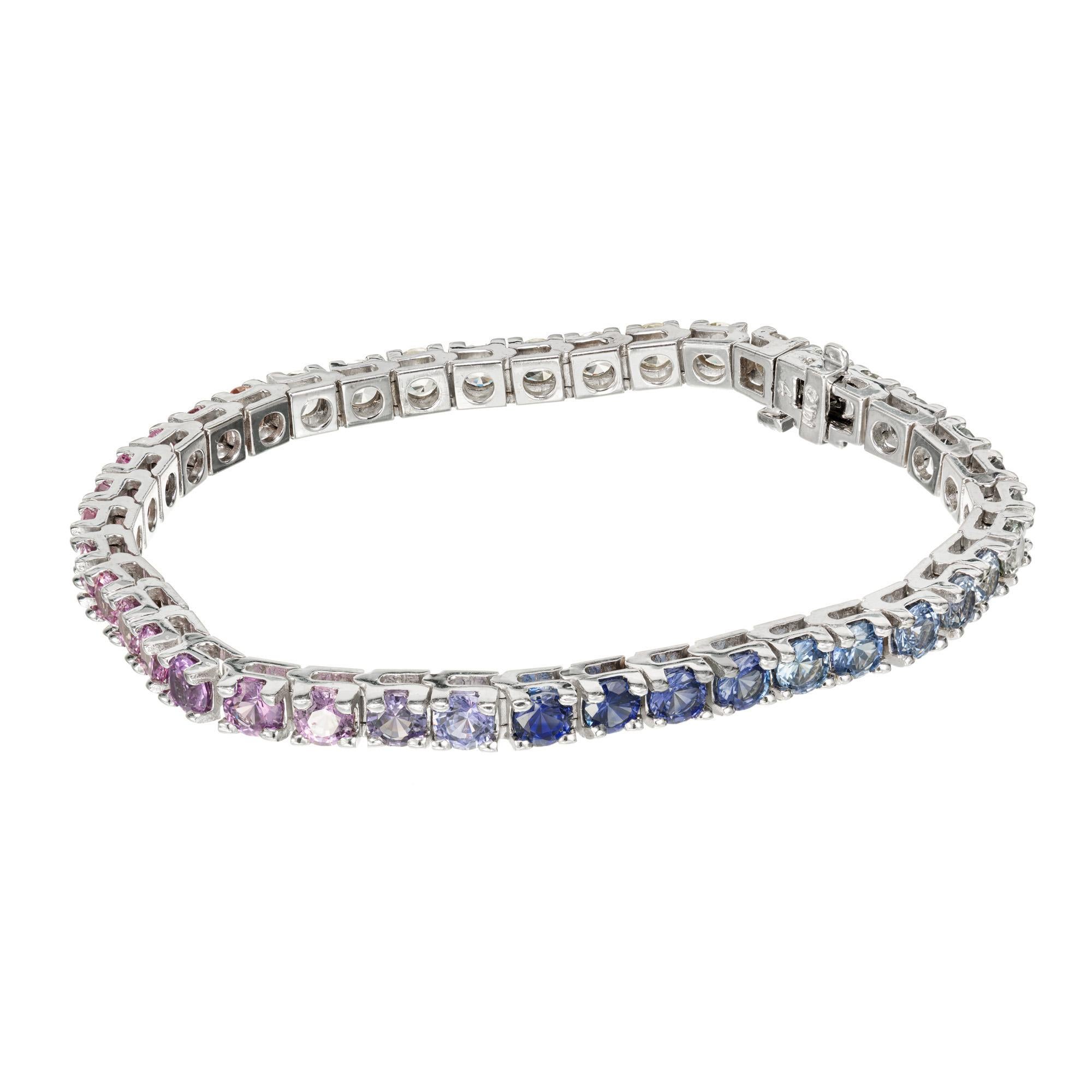 Round Cut Peter Suchy 12.17 Carats Multi-Color Sapphire Hinged Link Gold Tennis Bracelet For Sale
