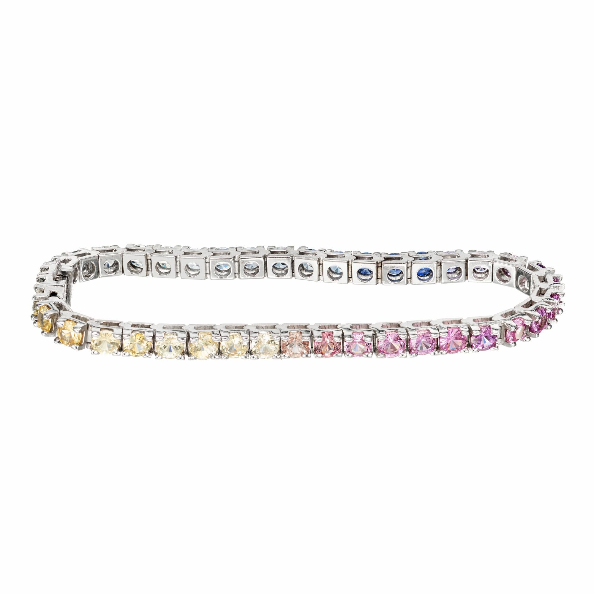 Peter Suchy 12.17 Carats Multi-Color Sapphire Hinged Link Gold Tennis Bracelet In Good Condition For Sale In Stamford, CT