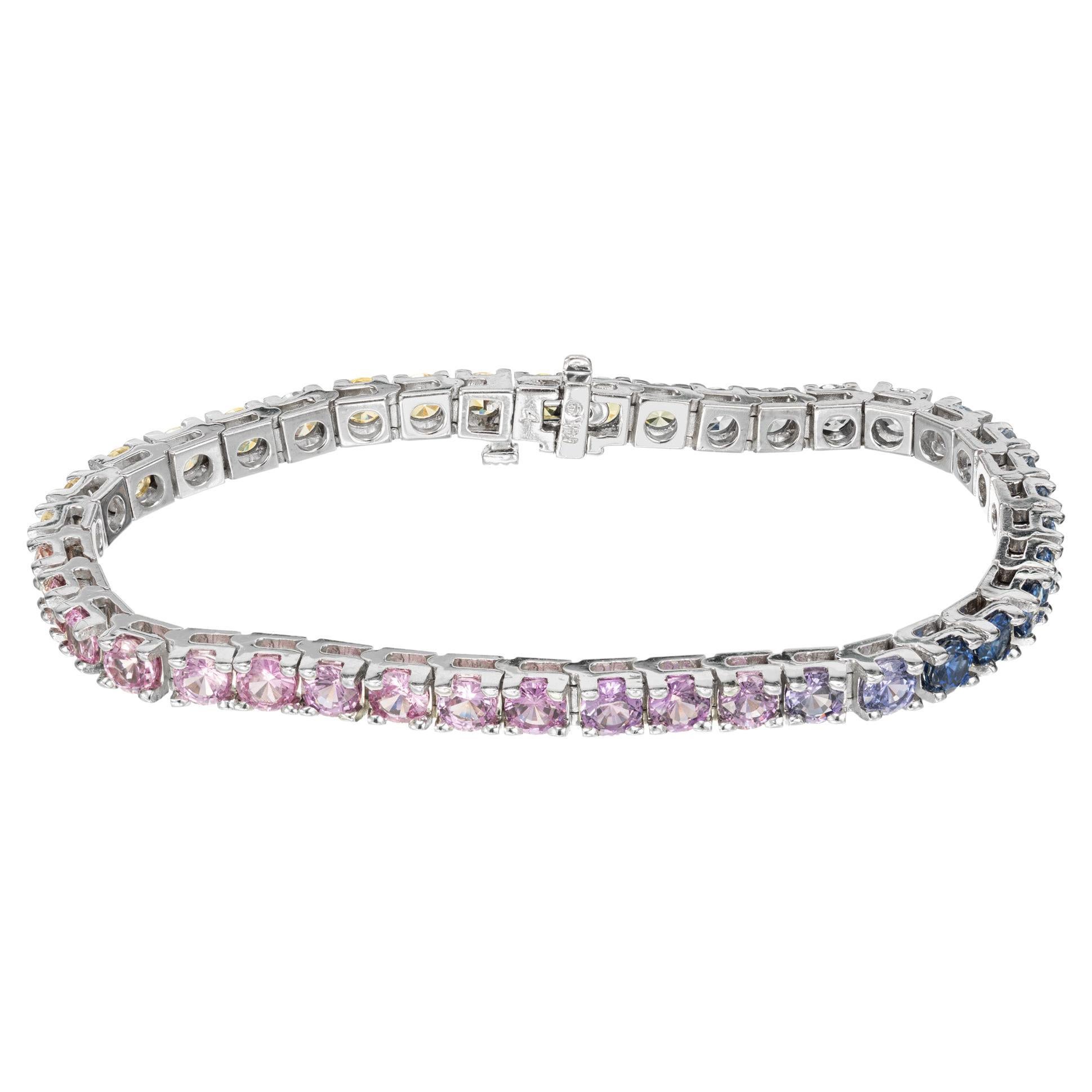 Peter Suchy 12.17 Carats Multi-Color Sapphire Hinged Link Gold Tennis Bracelet For Sale