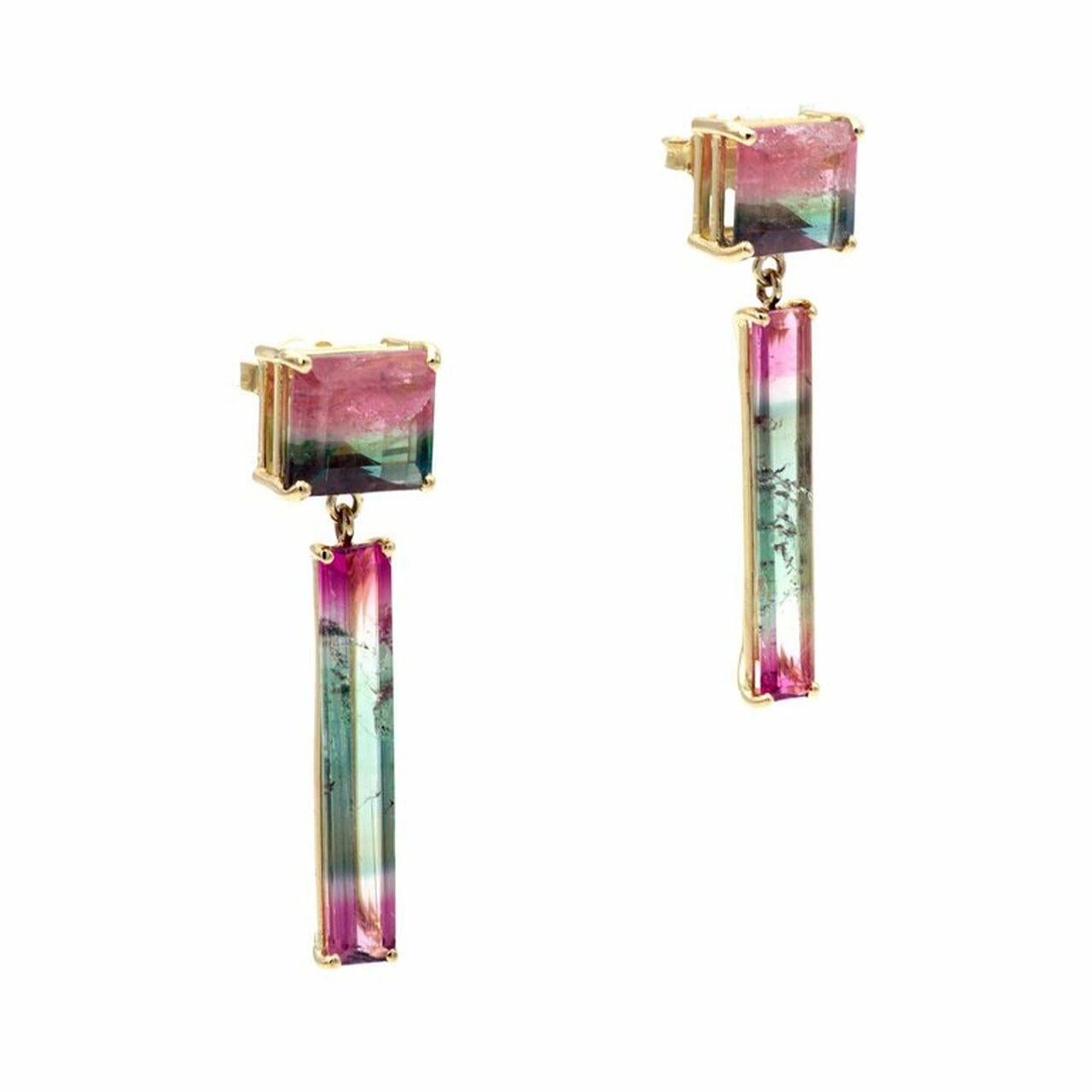 Peter Suchy 12.35 Carat Bi-Color Tourmaline Gold Dangle Earrings made in the Peter Suchy Workshop.

2 square bi-color watermelon green & red Tourmaline, approx. total weight 7.25cts, 
2 rectangle bi-color watermelon Tourmaline, approx. total weight