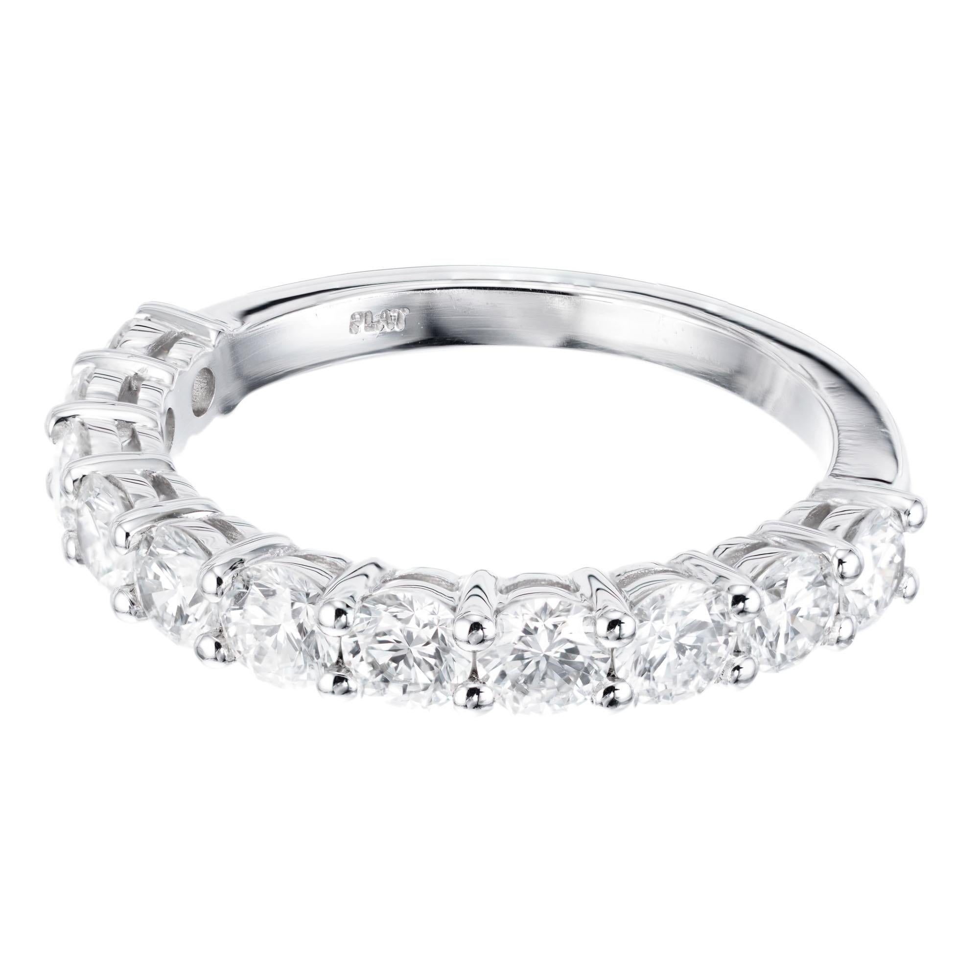 11 diamond common prong round brilliant cut wedding band ring set in platinum. Crafted in the Peter Suchy workshop

11 round brilliant cut diamonds G,VS-SI approx. 1.26cts
Size 6 and sizable
Platinum 
Stamped: PLAT
4.4 grams
Width at top: