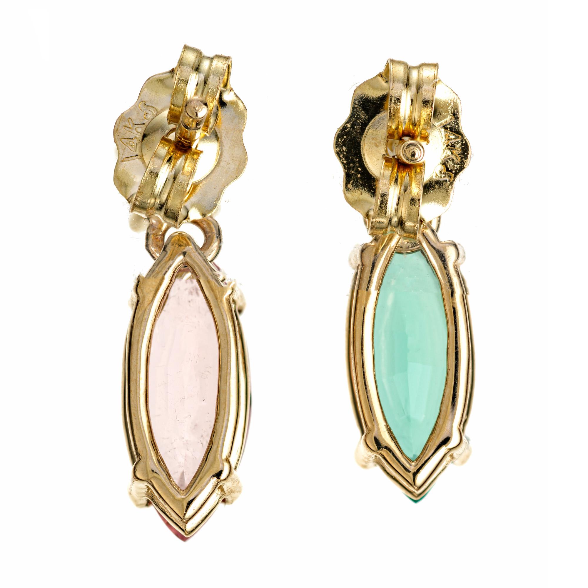 Marquise Cut Peter Suchy 1.28 Carat Tourmaline Diamond Yellow Gold Dangle Earrings For Sale