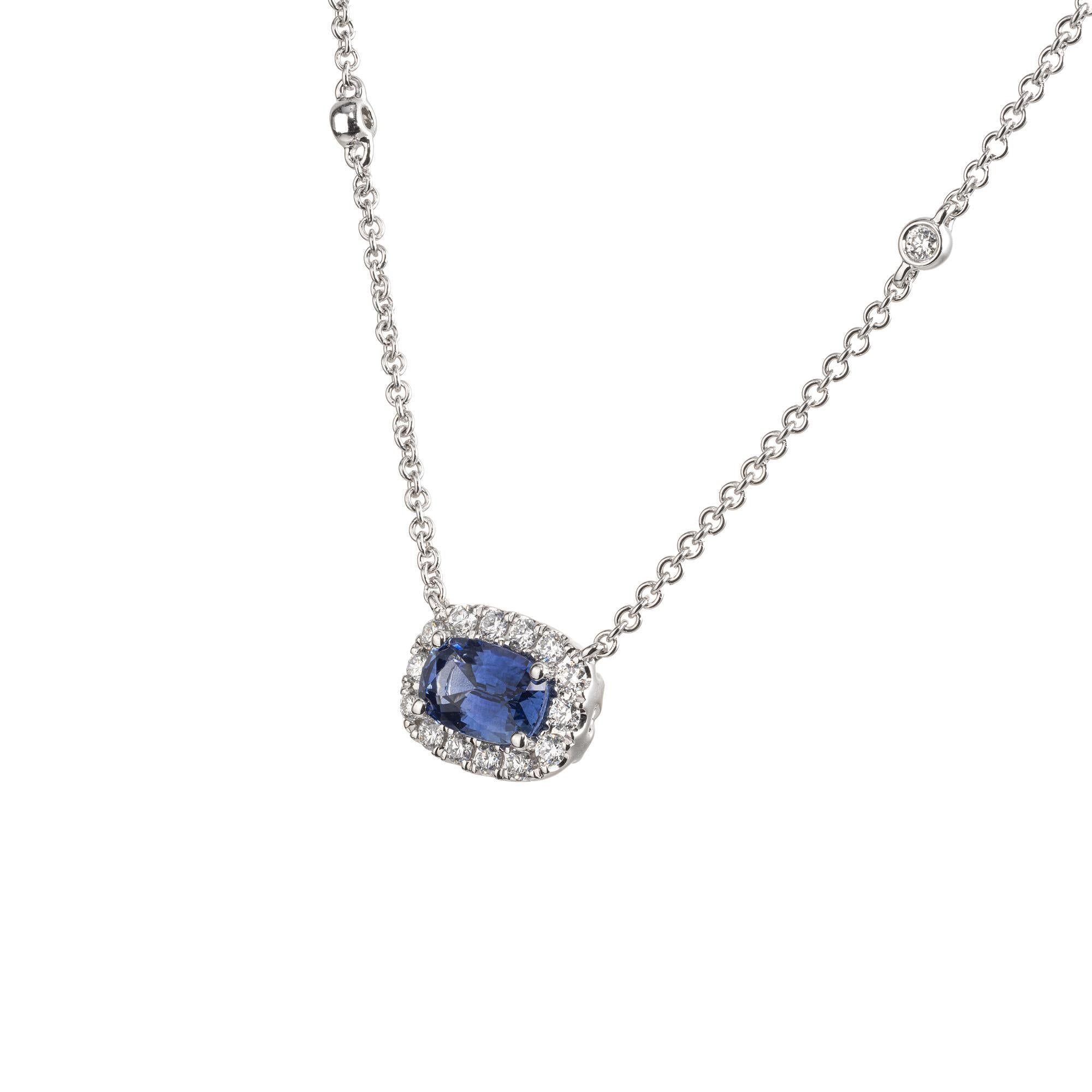 Women's Peter Suchy 1.29 Carat Sapphire Diamond Halo White Gold Pendant Necklace For Sale