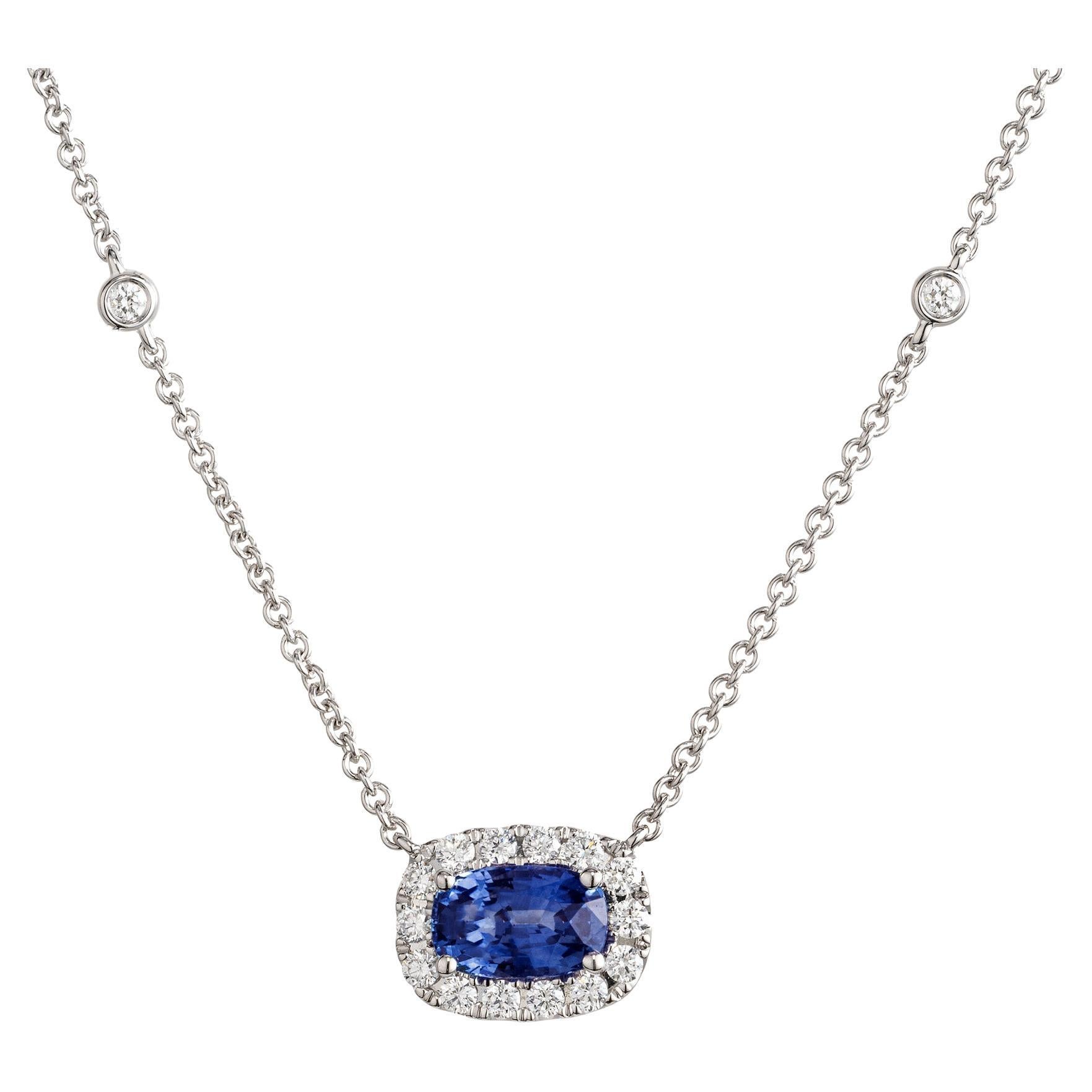 Peter Suchy 1.29 Carat Sapphire Diamond Halo White Gold Pendant Necklace For Sale