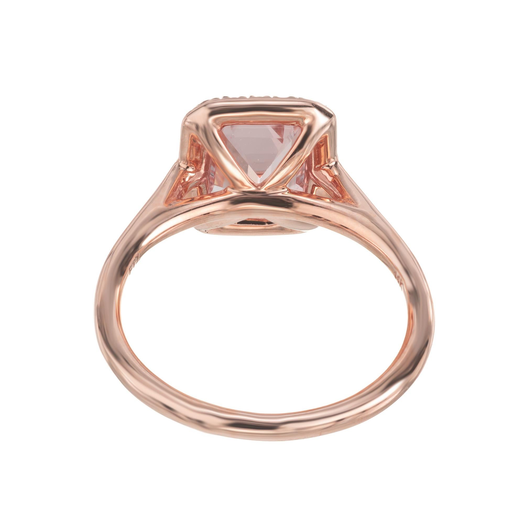 Peter Suchy 1.35 Carat Emerald Cut Morganite Diamond Halo Rose Gold Ring Pour femmes en vente
