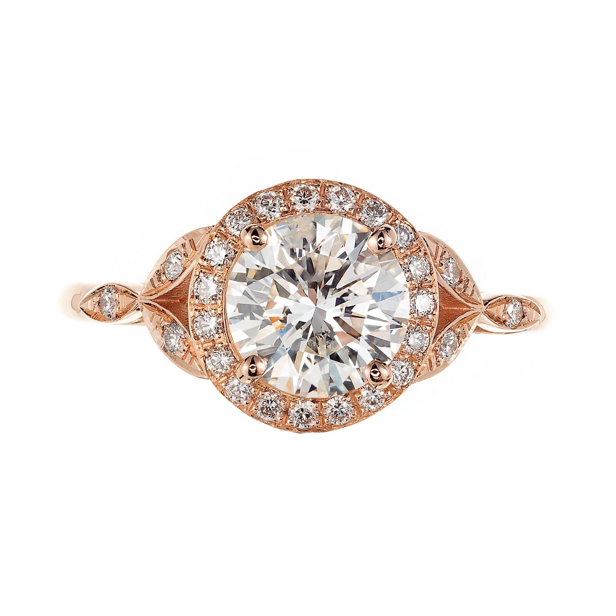 Round Cut GIA Certified Peter Suchy 1.37 Carat Round Diamond Halo Gold Engagement Ring For Sale