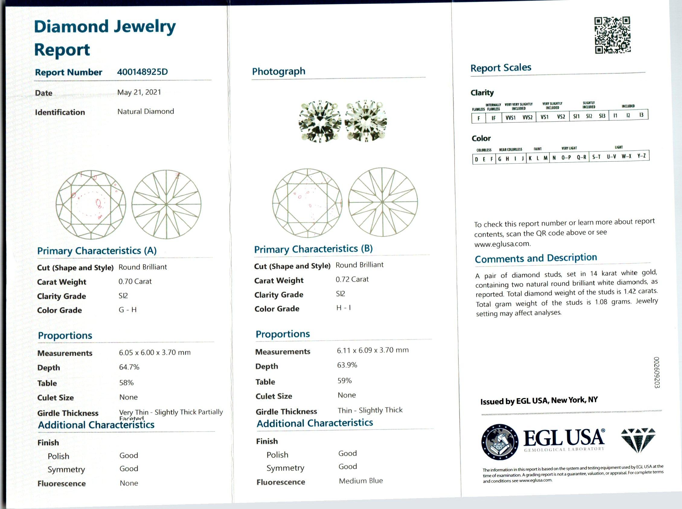 Round Cut Peter Suchy 1.42 Carat Diamond Platinum Stud Earrings For Sale