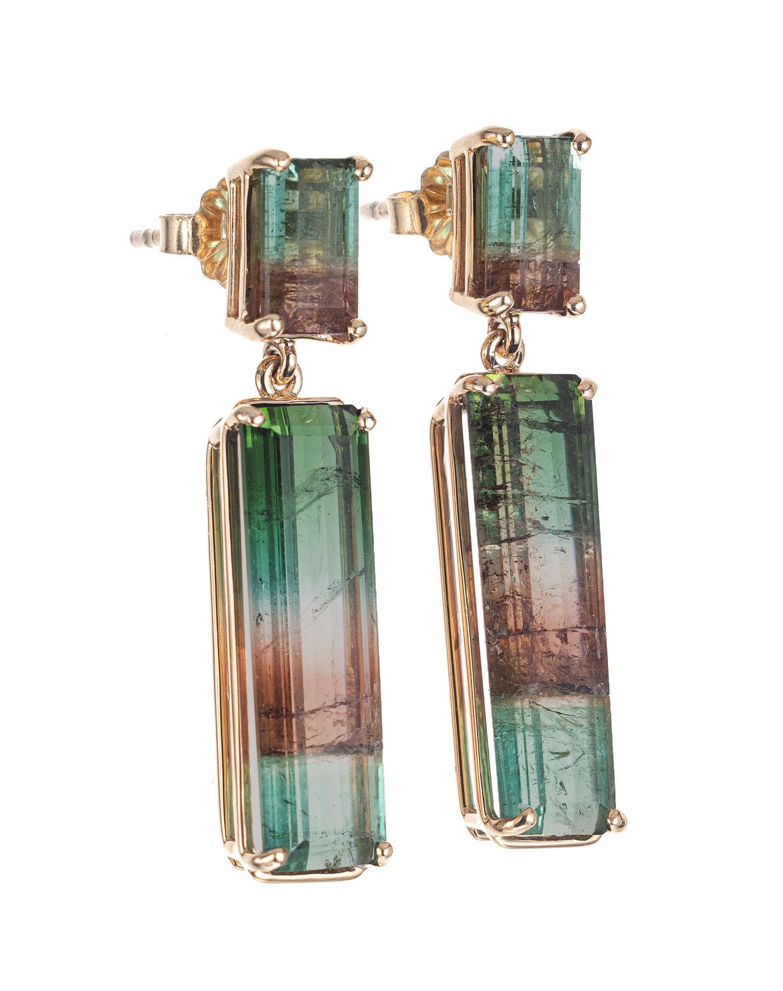 Multi-color well matched pink and green rectangular Tourmalines, in 14k white gold settings that were created in the Peter Suchy Workshop. 

2 rectangular watermelon pink and green Tourmaline, approx. total weight 2.49cts, MI, 8.10 x 5mm 
2