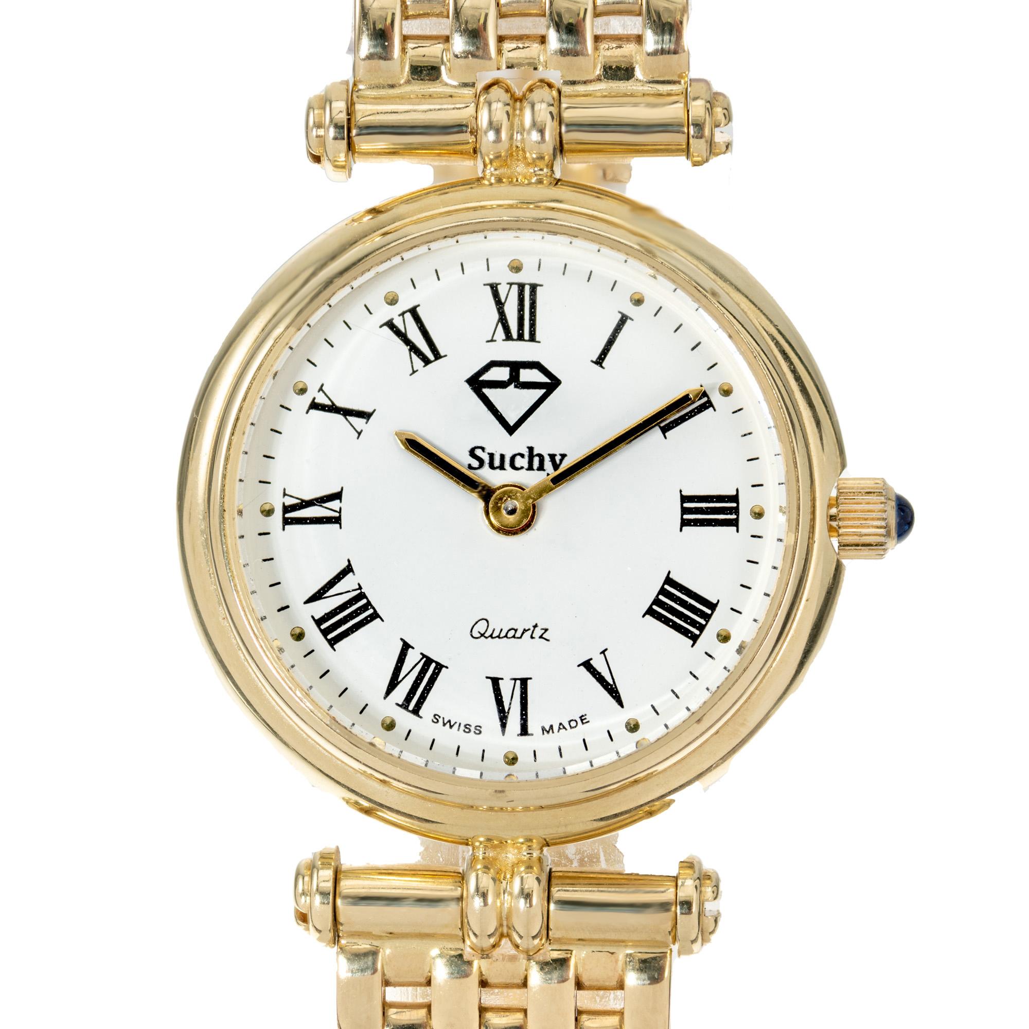 Orologio da polso da donna in oro giallo 14k di Peter Suchy. Quadrante rotondo bianco con numeri romani. Movimento al quarzo affidabile. Fascia graduata Panther da 7,5 pollici con chiusura a tre posizioni. Progettato e realizzato nel laboratorio di