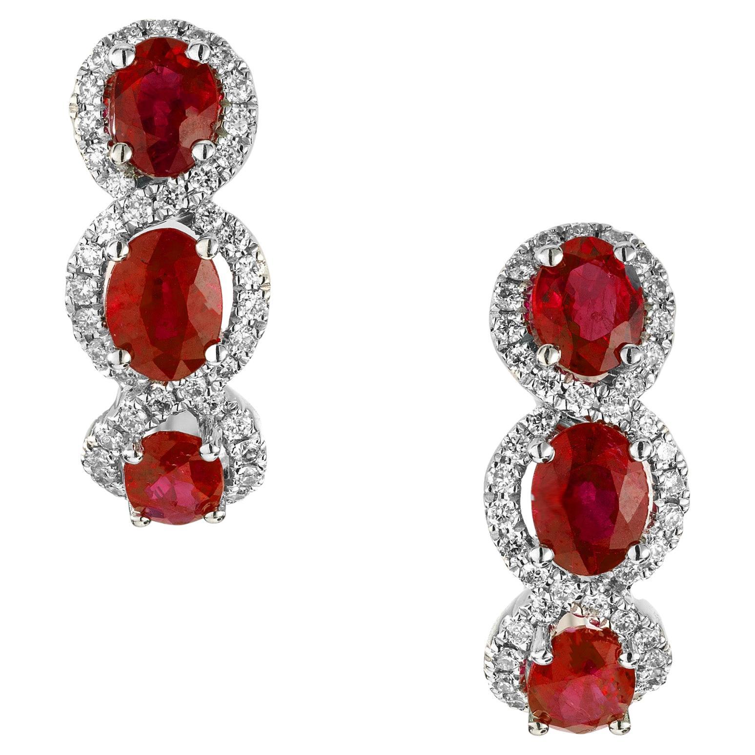Peter Suchy 1.50 Carat Oval Ruby Round Diamond White Gold Hoop Earrings For Sale