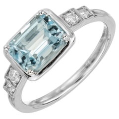 Peter Suchy Anello di fidanzamento rettangolare con acquamarina e diamante in oro bianco da 1,52 carati