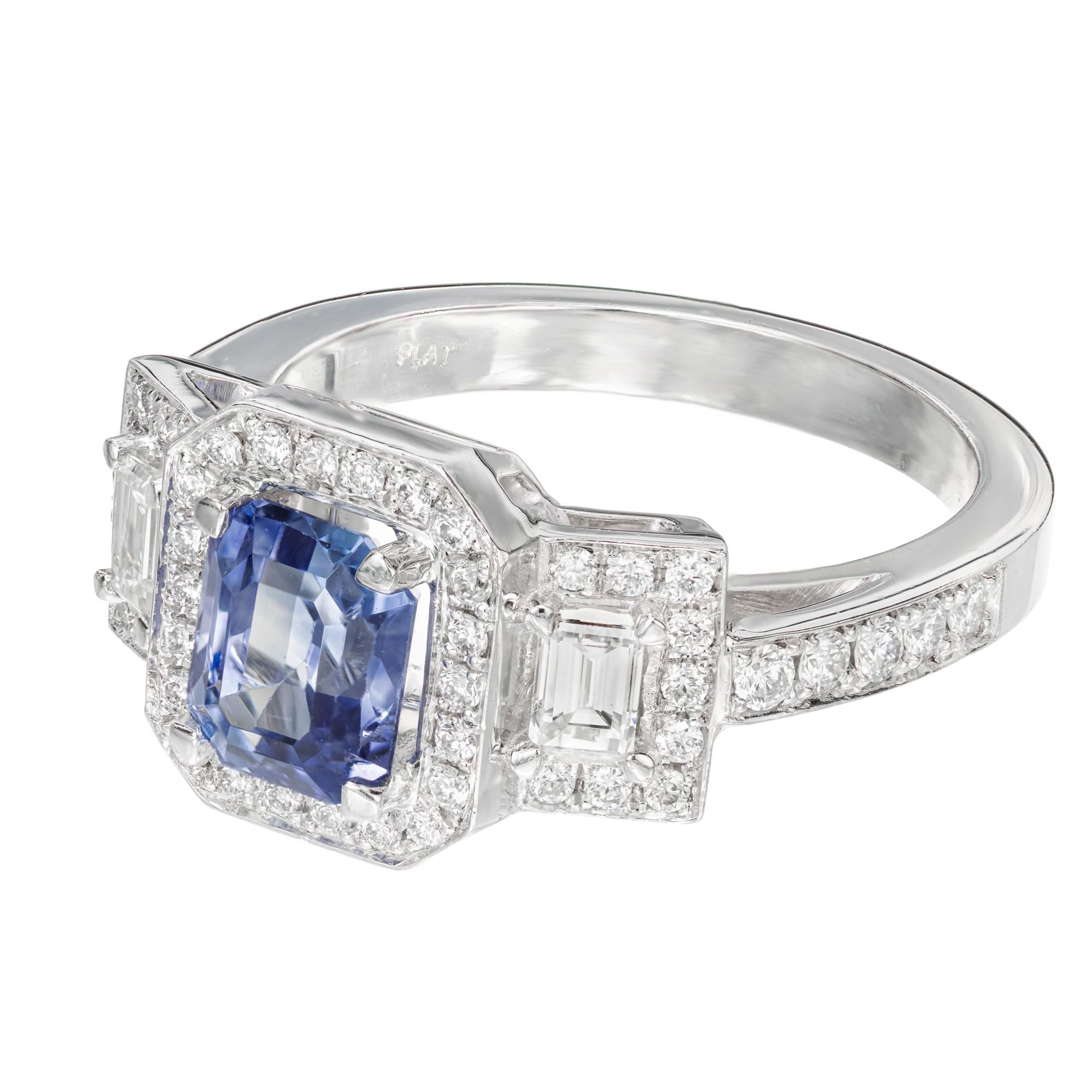 Emerald Cut Peter Suchy 1.53 Carat Sapphire Diamond Platinum Three-Stone Engagement Ring For Sale
