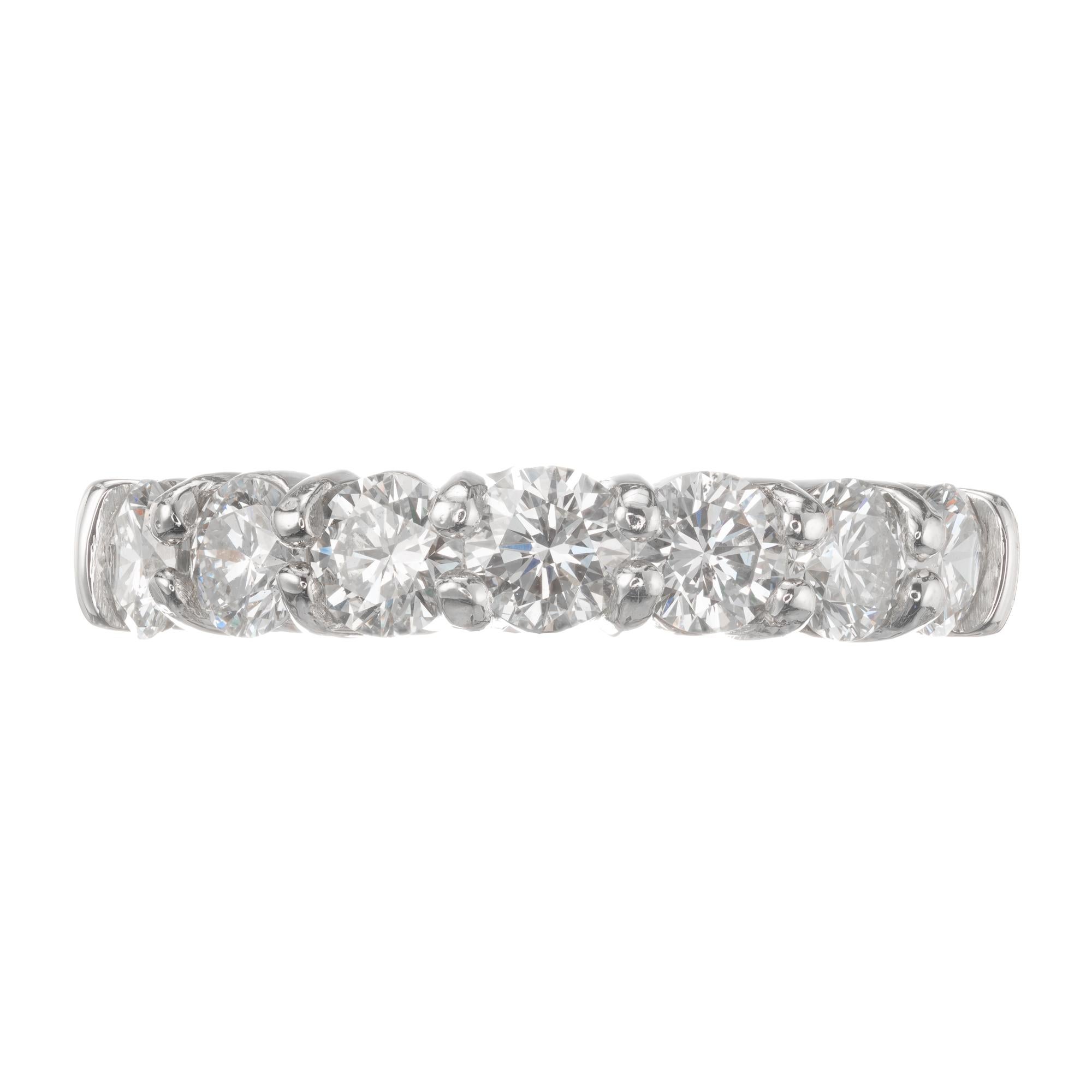 7 round diamond wedding band ring. Handmade platinum band designed in the Peter Suchy Workshop 

7 round brilliant cut G SI diamonds, Approximate 1.53cts
Size 6.75 and sizable 
Platinum 
Stamped: PLAT
6.8 grams
Width at top: 4.1mm
Height at top: