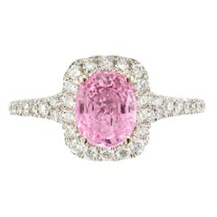 Peter Suchy Anello di fidanzamento in oro con zaffiro rosa caldo e diamante aureolato da 1,58 carati