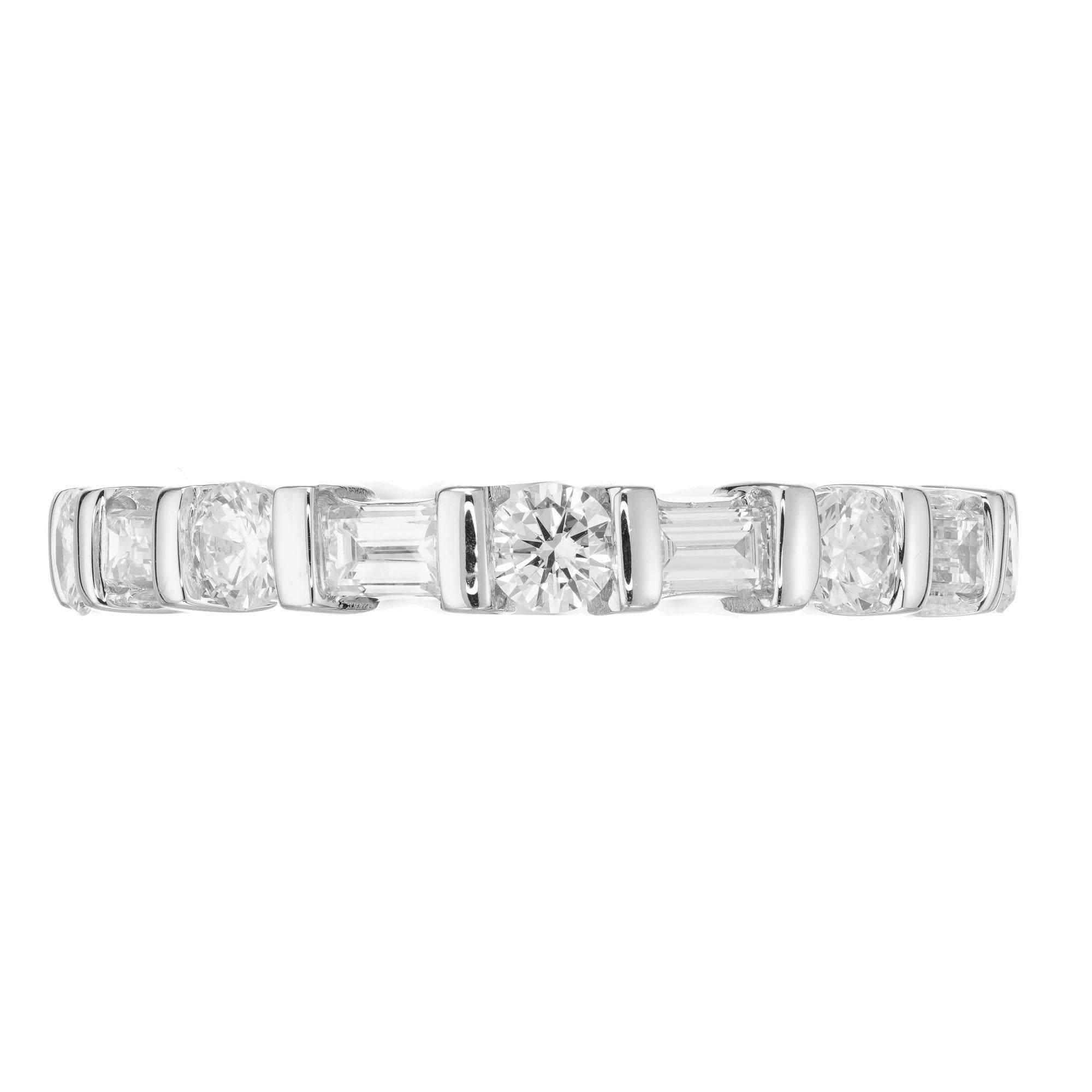 Round and baguette diamond eternity wadding band ring.  1.59 carats of 9 baguette and 9 round eternity ring. Created in the Peter Suchy Workshop.

9 round brilliant cut diamonds G-H VS, approx. .81cts
9 straight cut baguette diamonds G-H VS, approx.