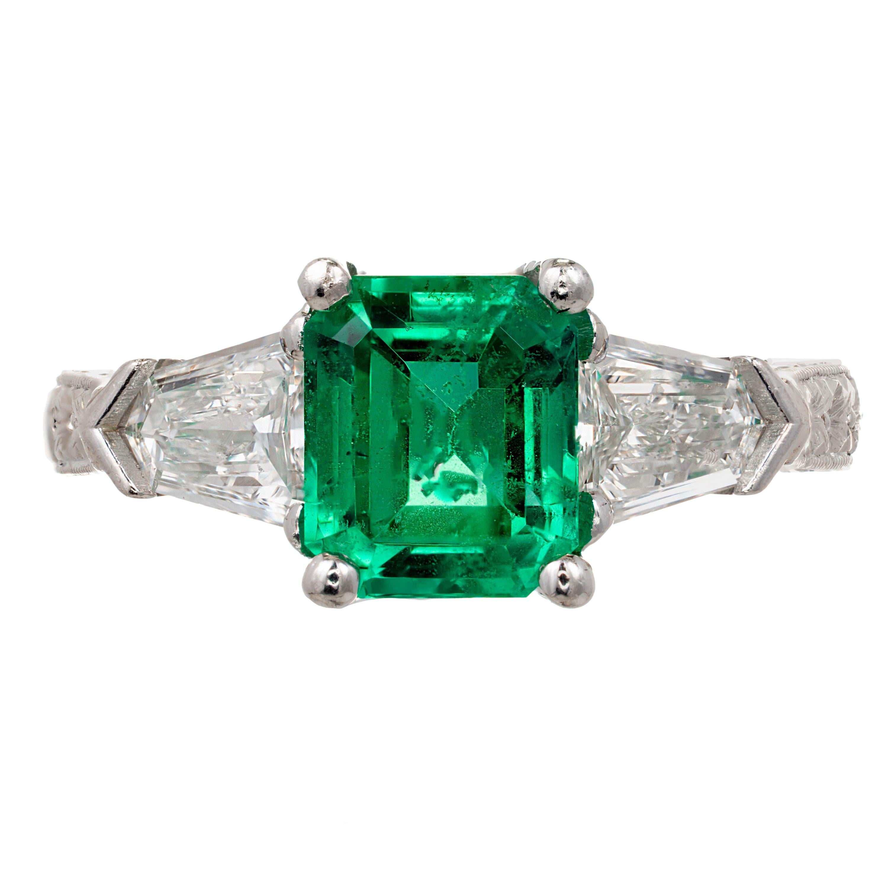 Peter Suchy 1.73 Carat Emerald Diamond Platinum Three-Stone Engagement Ring