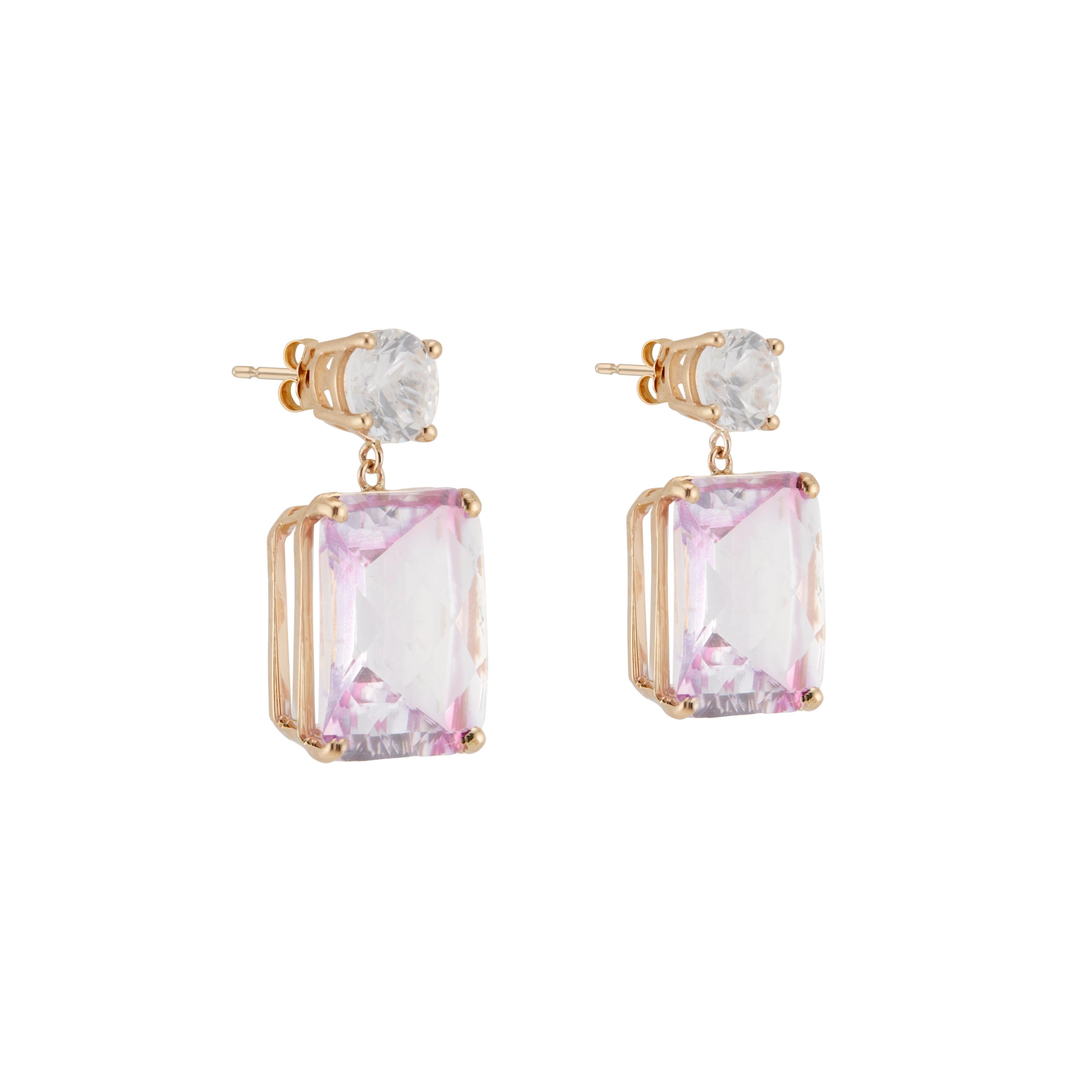 Round Cut Peter Suchy 17.4 Carat Pink Topaz White Sapphire Yellow Gold Dangle Earrings For Sale