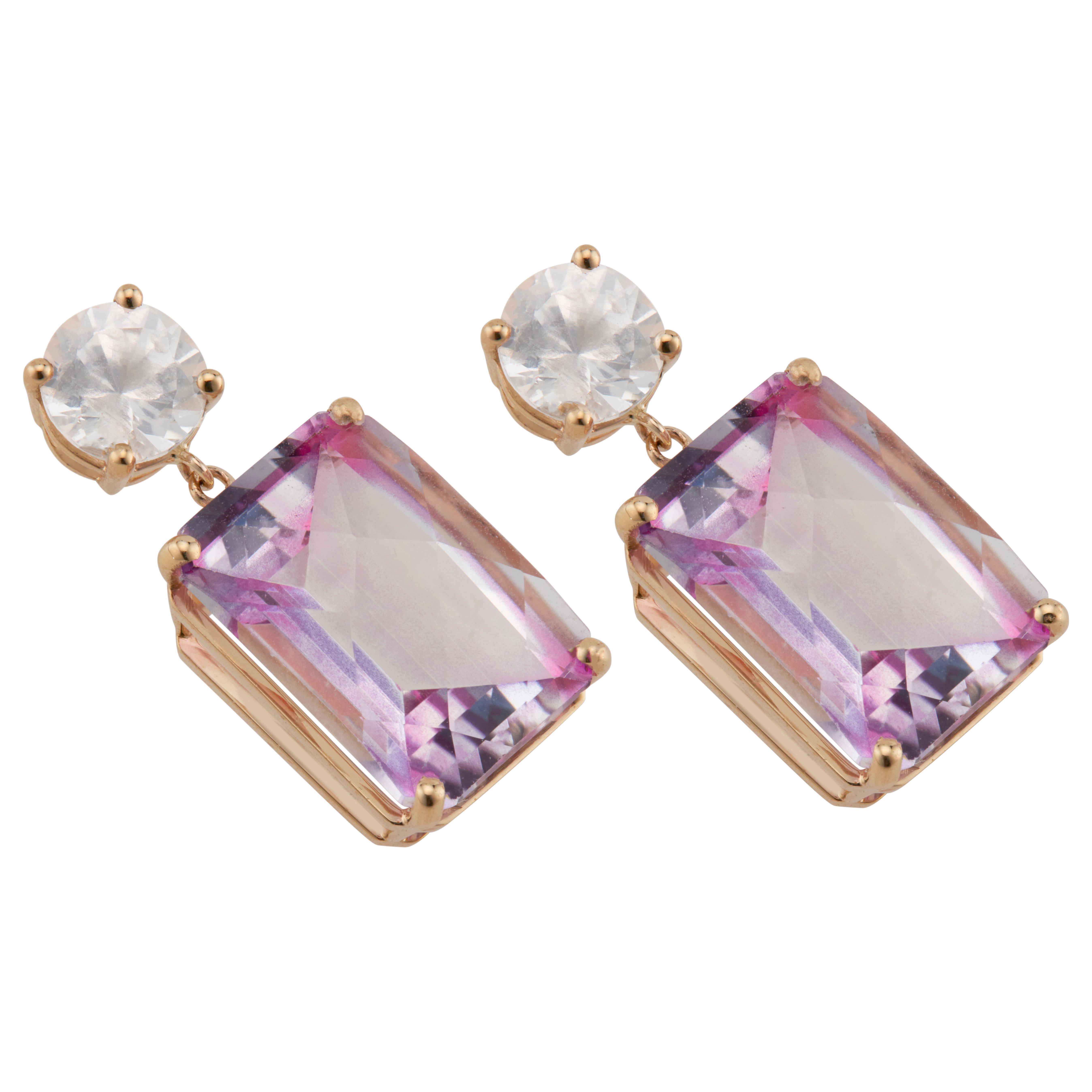 Women's Peter Suchy 17.4 Carat Pink Topaz White Sapphire Yellow Gold Dangle Earrings For Sale
