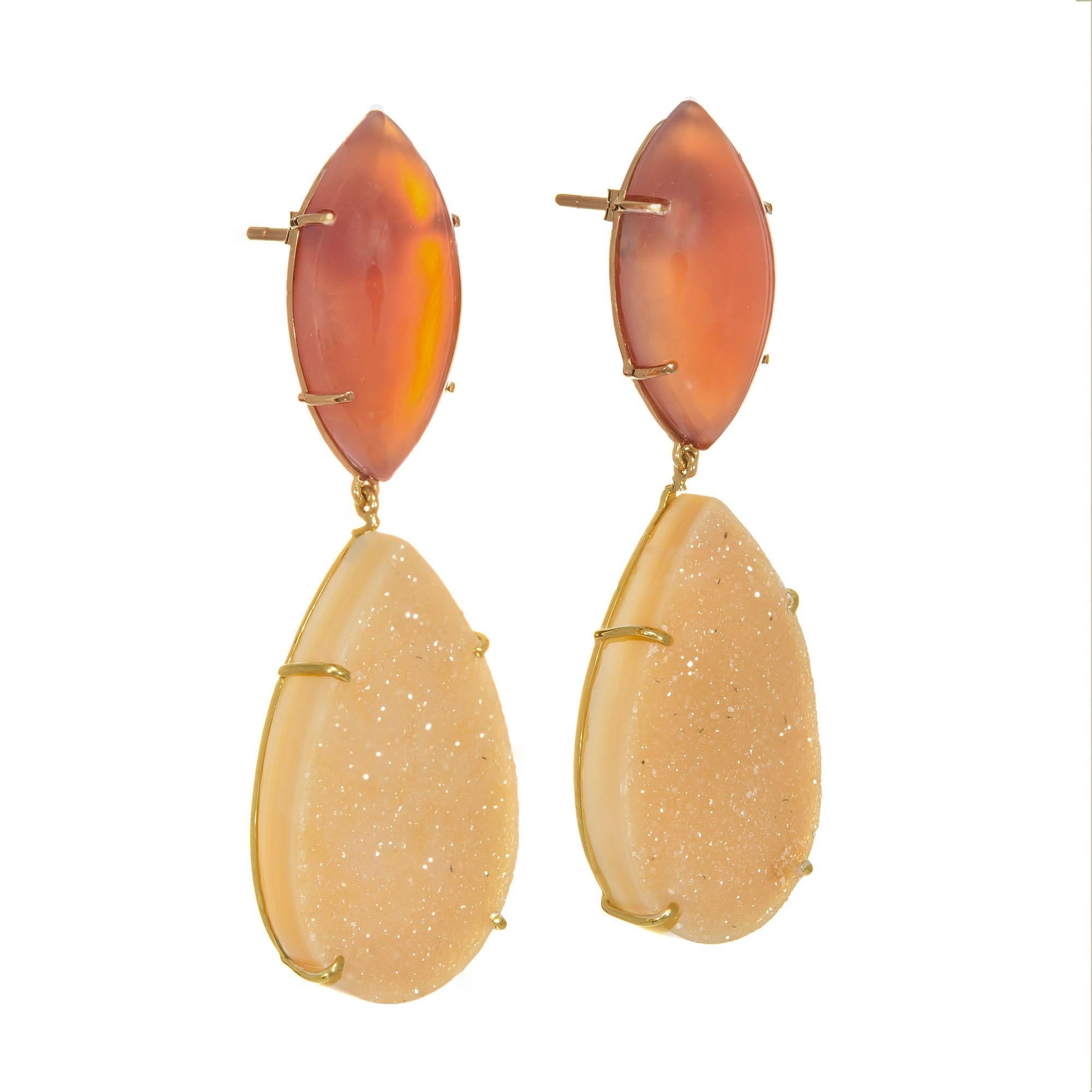 Peter Suchy natural untreated marquis cabochon carnelian and pear shaped agate druzy handmade dangle earrings in 14k yellow gold. 

2 marquise cabochon orange carnelians, approx. 17.00cts 
2 pear shape yellow orange agate druzy slices, approx. .4cts