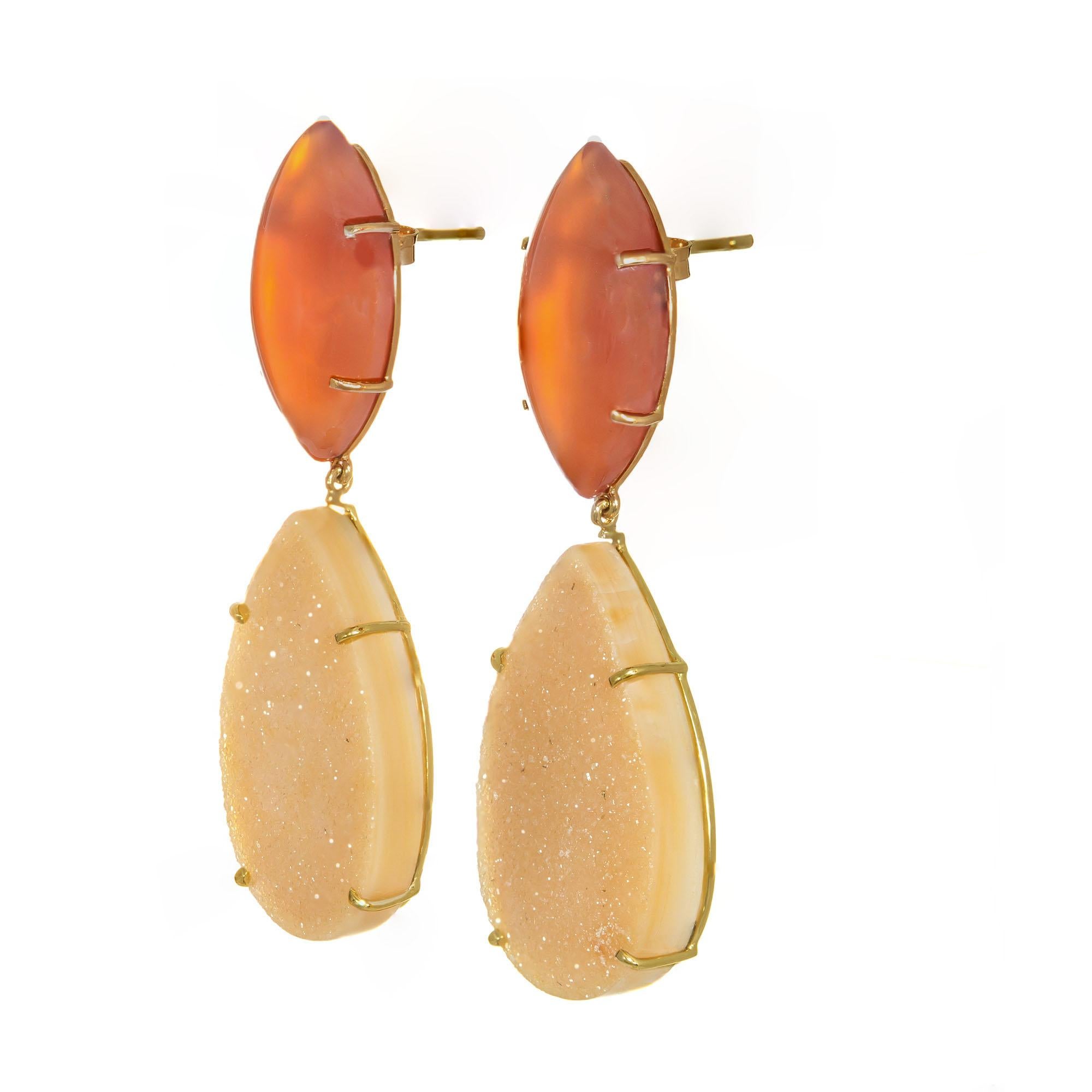 Marquise Cut Peter Suchy 17.40 Carat Carnelian Agate Druzy Gold Dangle Earrings