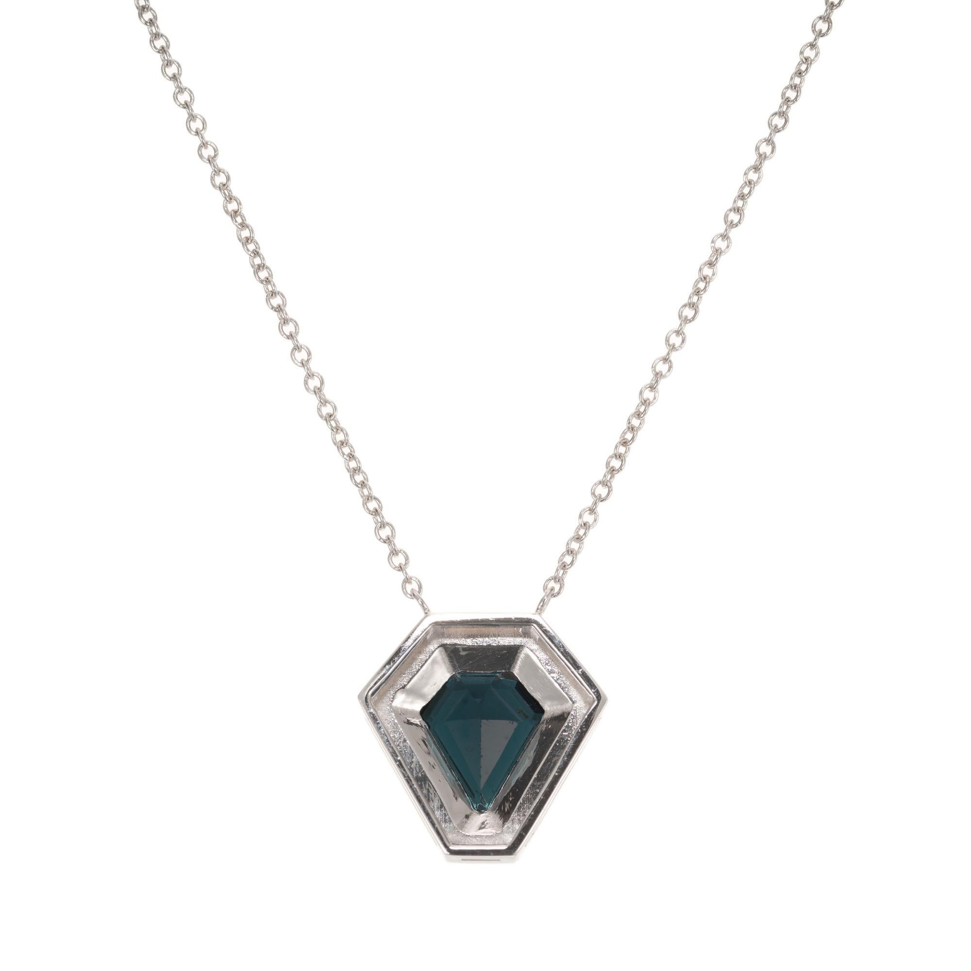 Kite Cut Peter Suchy 1.75 Carat Indicolite Tourmaline Diamond White Gold Pendant Necklace For Sale