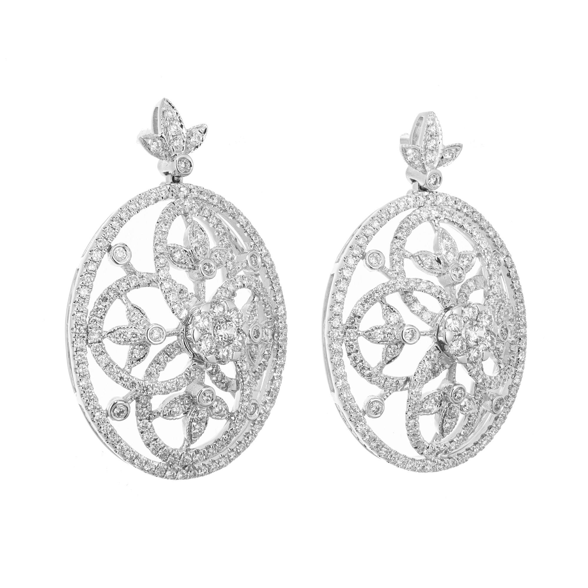 Round Cut Peter Suchy 1.75 Carat Round Diamond White Gold Swirl Dangle Earrings  For Sale