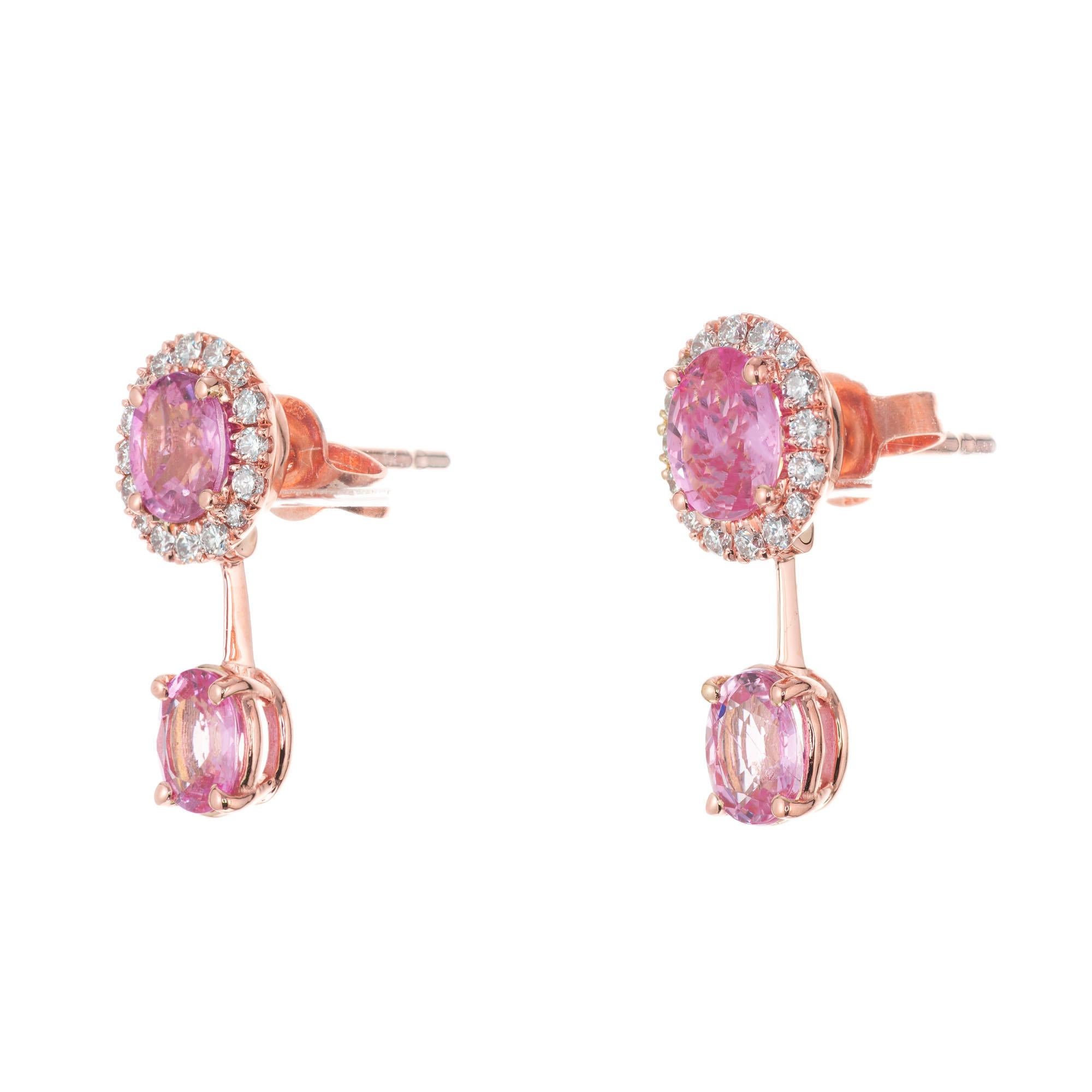 Sapphire and diamond drop dangle earrings. 4 oval pink sapphires with 32 round brilliant cut diamond halos in 14k rose gold. Designed and crafted in the Peter Suchy Workshop.  

4 oval pink sapphires, approx. 1.80cts
32 round brilliant cut diamonds,