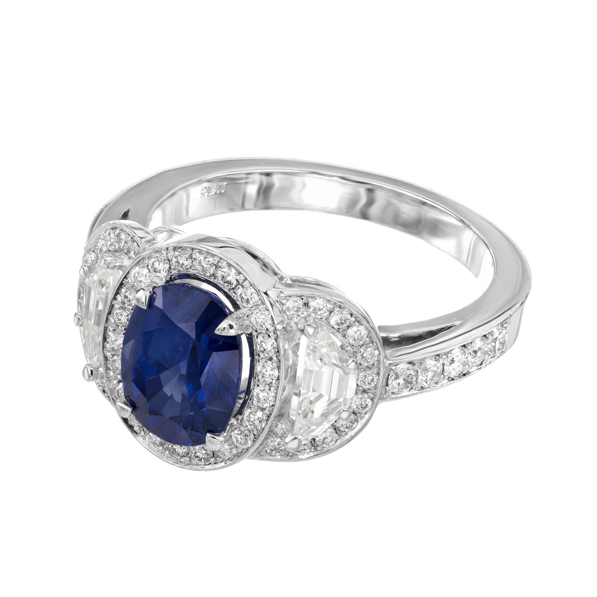Oval Cut Peter Suchy 1.89 Carat Sapphire Diamond Halo Platinum Engagement Ring For Sale