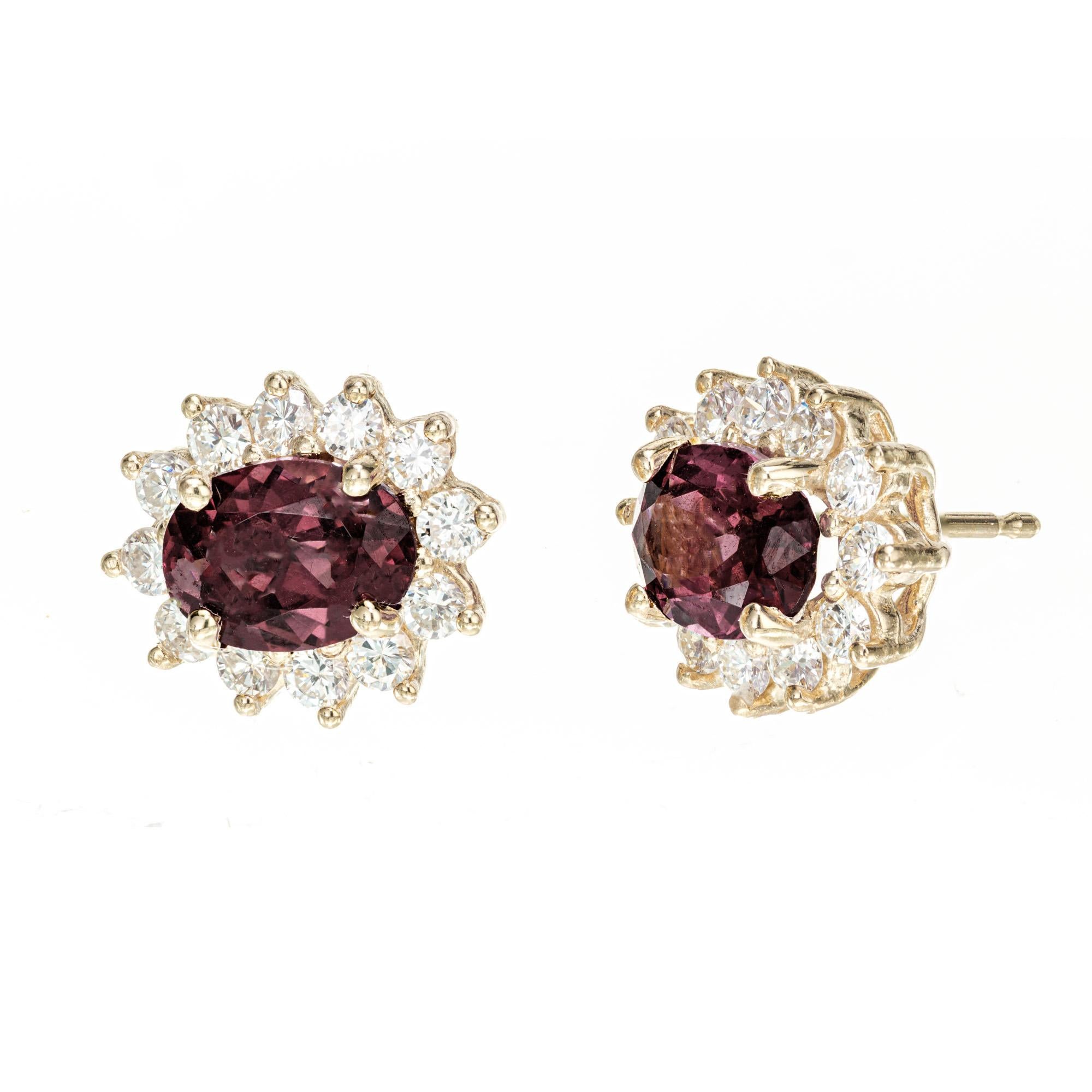 Natural color rhodlite garnet and diamond earrings. 2 oval purple red rhodolites set in 14k yellow gold four prong settings each with a halo of round brilliant cut diamonds. Designed and crafted in the Peter Suchy workshop.

2 oval purplish red