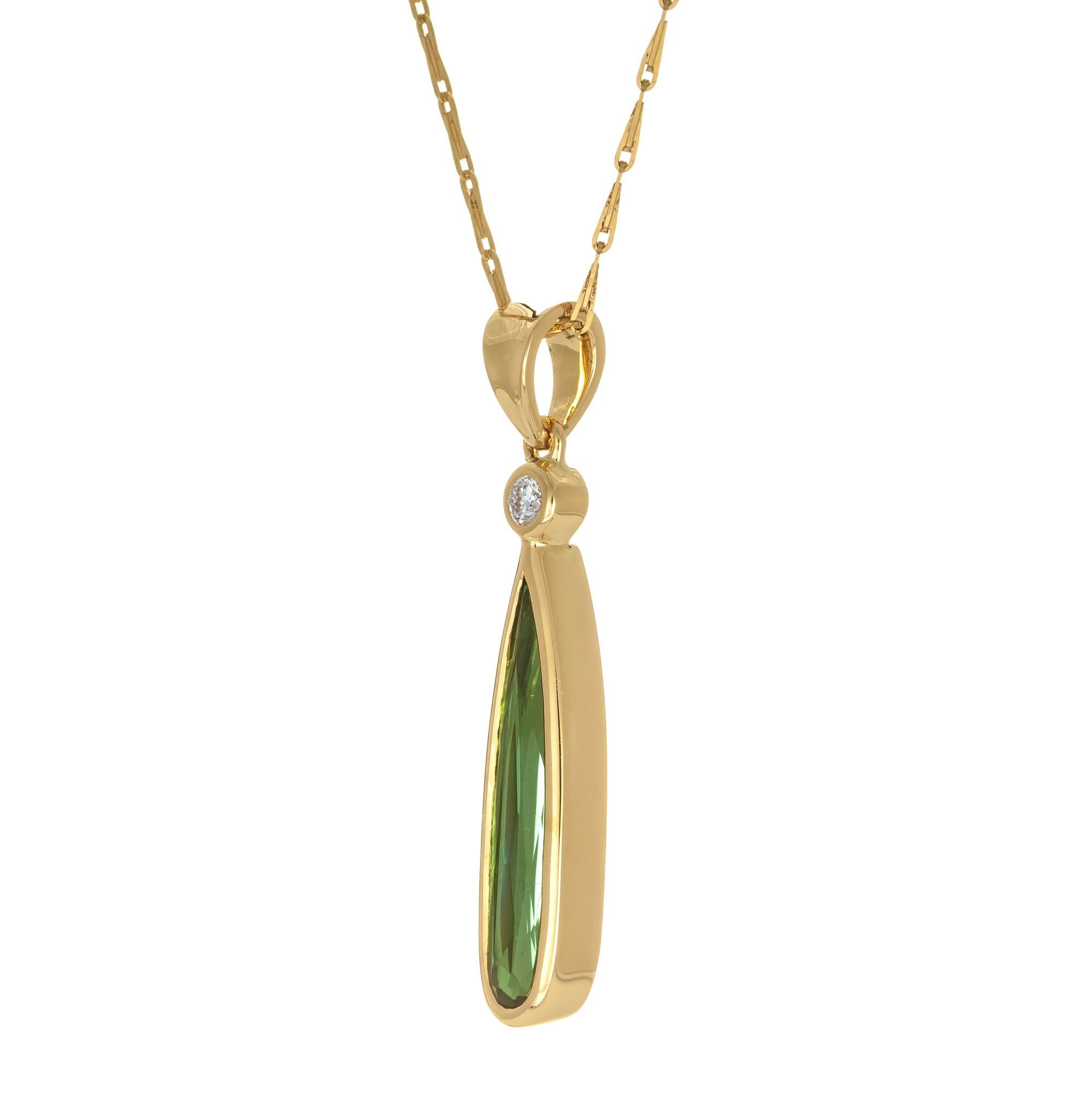 Pear Cut Peter Suchy 1.94 Carat Green Tourmaline Diamond Yellow Gold Pendant Necklace For Sale