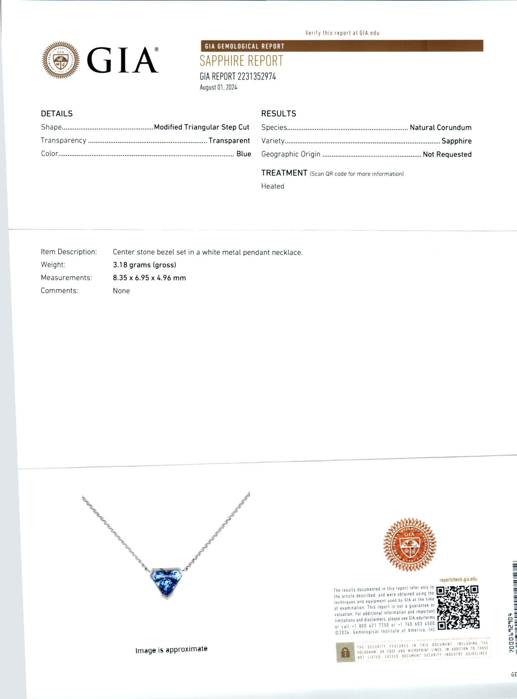 Peter Suchy 2.05 Carat Triangular Blue Sapphire White Gold Pendant Necklace In New Condition For Sale In Stamford, CT
