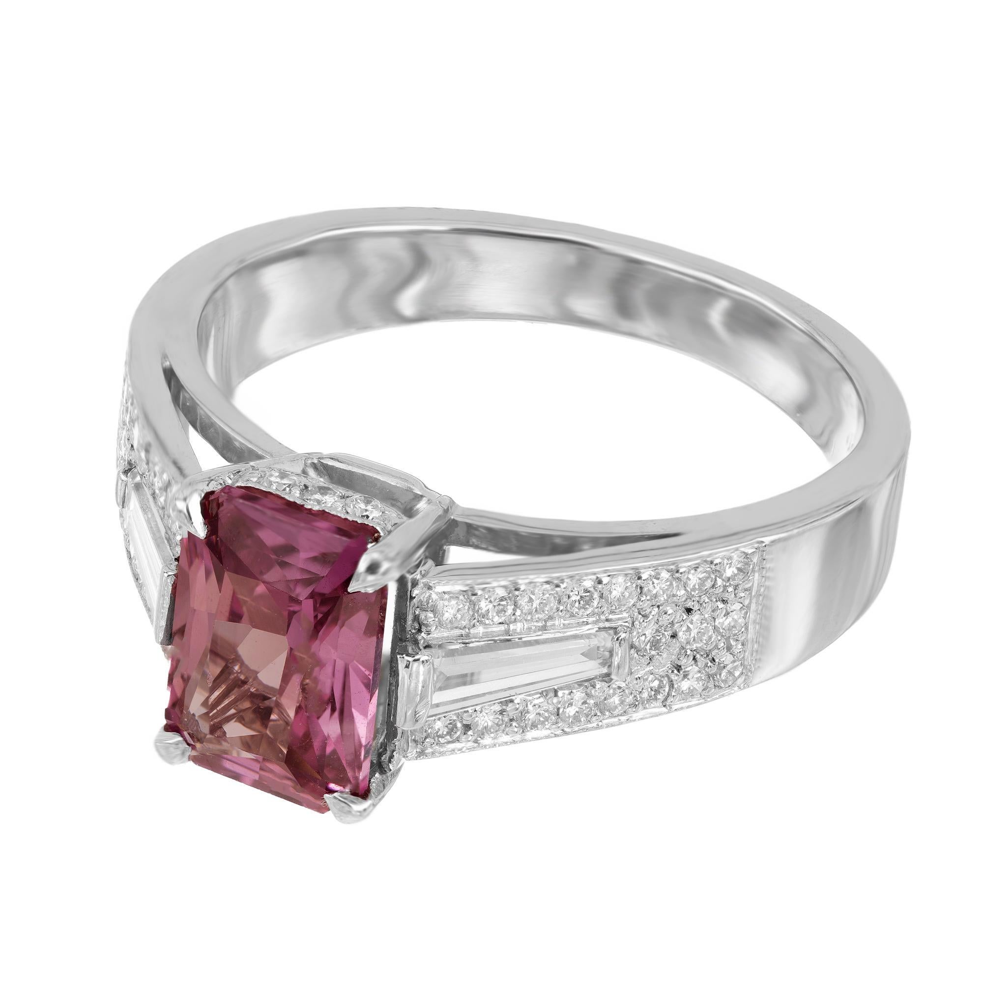 Peter Suchy vintage inspired purple pink octagonal sapphire and diamond engagement ring. Set with a stunning 2.06ct octagonal shape purple pink sapphire. The rich pink and purple coloring is a spectacular blend. The gemstone is accented with two