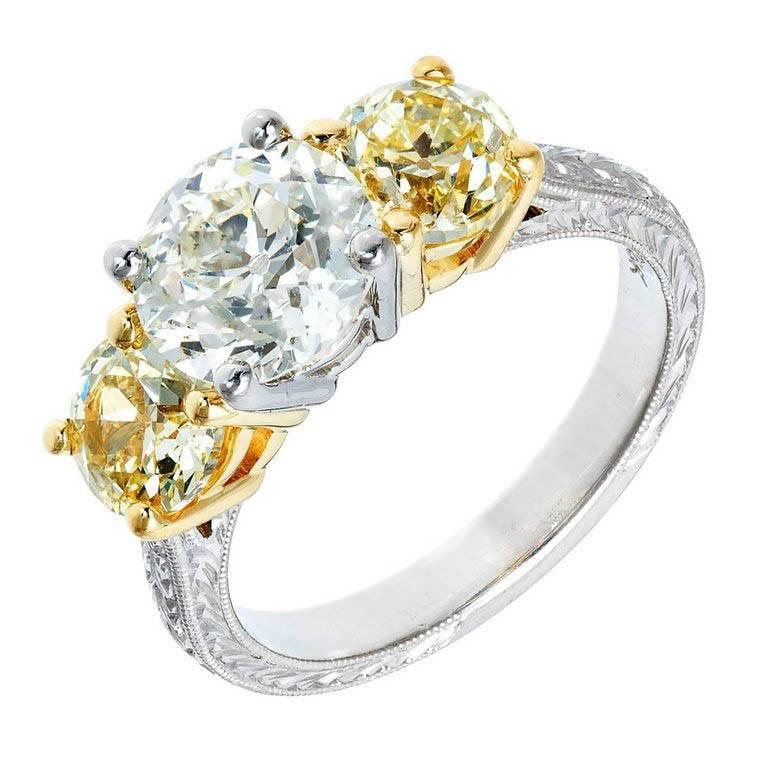 Peter Suchy 4.06 Carat Yellow Diamond Three-Stone Platinum Gold Engagement Ring