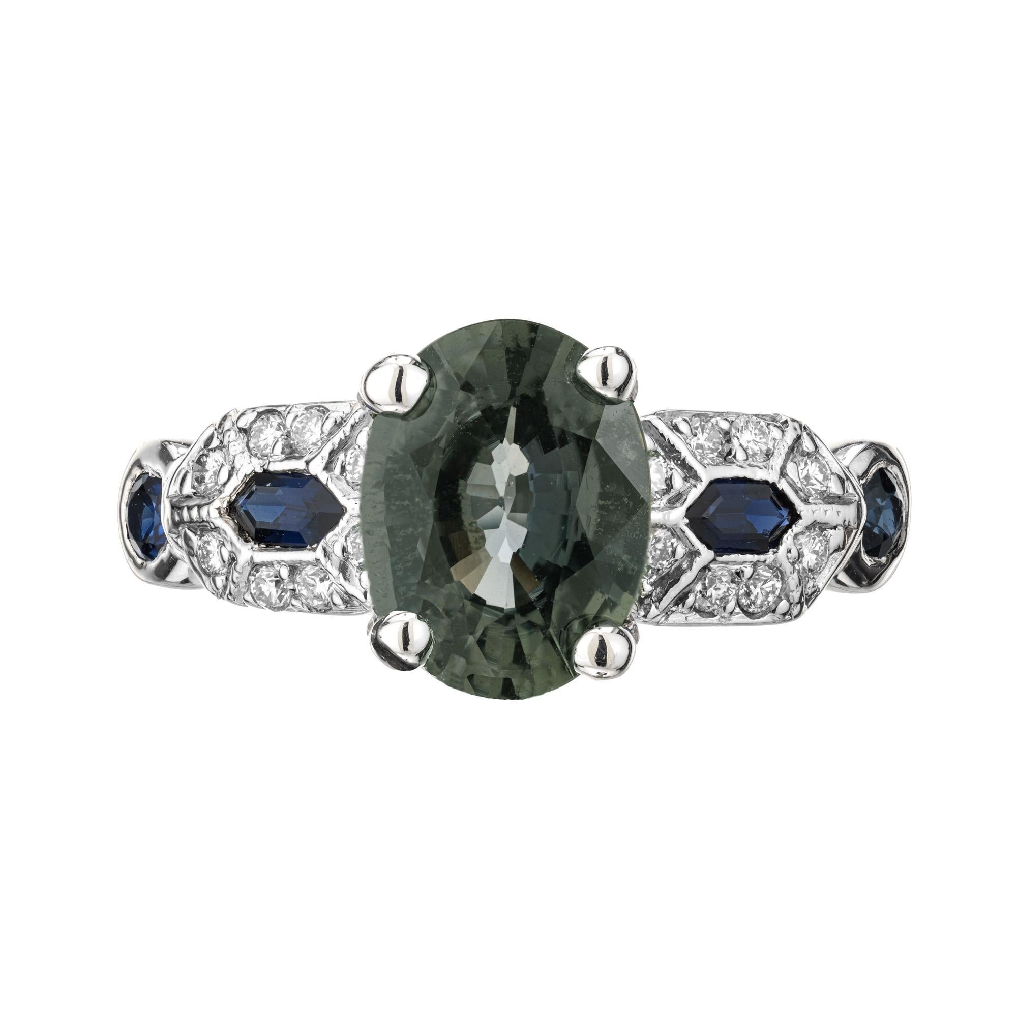 Peter Suchy natural color change Sapphire engagement ring, with diamond and sapphire accents.  GIA certified as changing colors in different light from bluish green to greenish grey. Vintage inspired Platinum ring designed to show off the beauty of