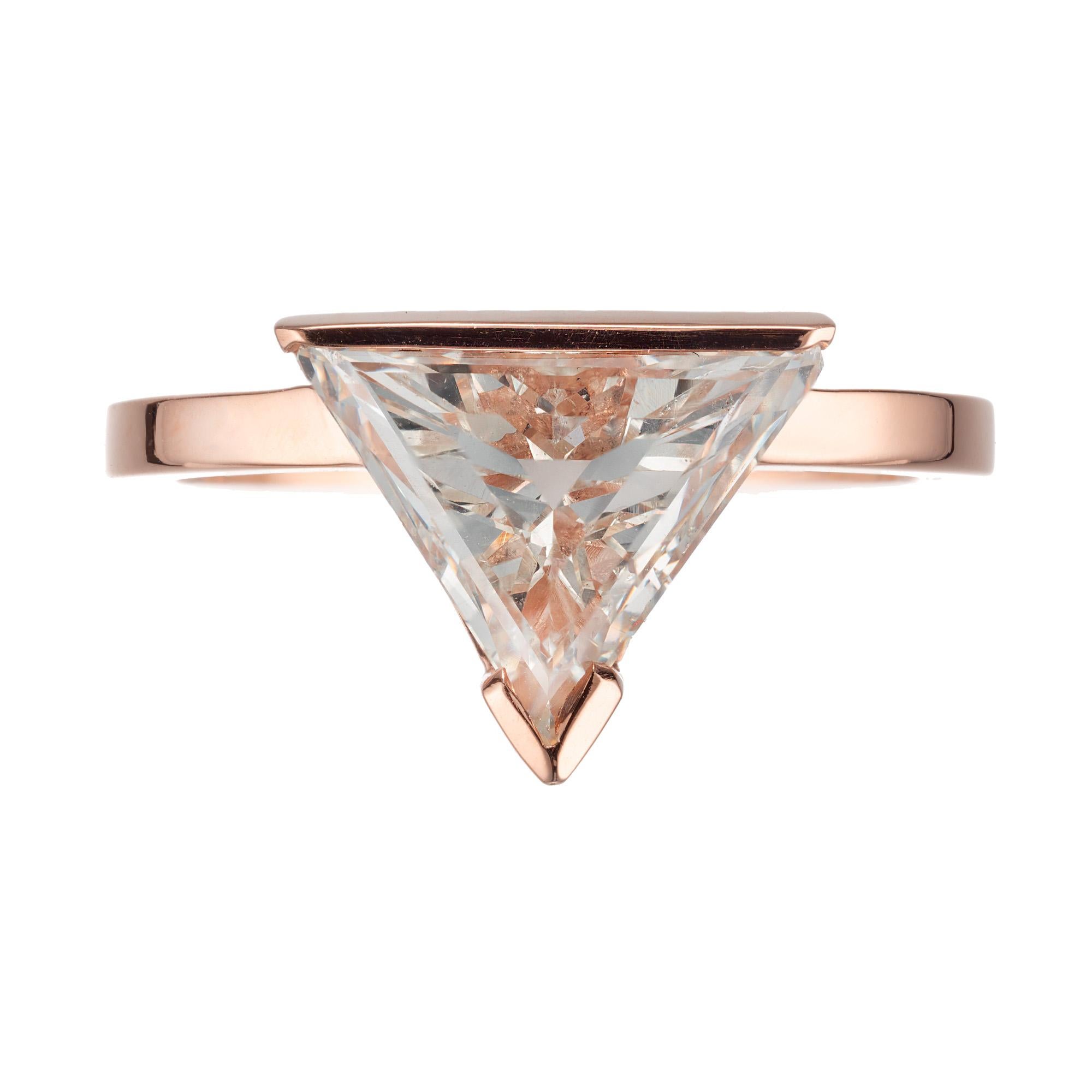 Triangle step cut diamond engagement ring. Extra sparkly step pattern on back facets. GIA Certified.  triangle shape diamonds in a 18k rose gold setting designed in the Peter Suchy Workshop. 

1 triangular step cut L SI diamond, Approximate 2.12