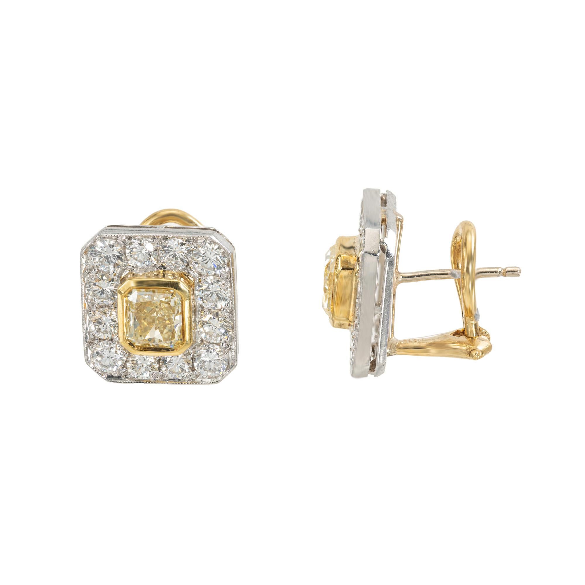Radiant Cut Peter Suchy 2.17 Carat Yellow White Diamond Halo Platinum Gold Octagon Earrings For Sale