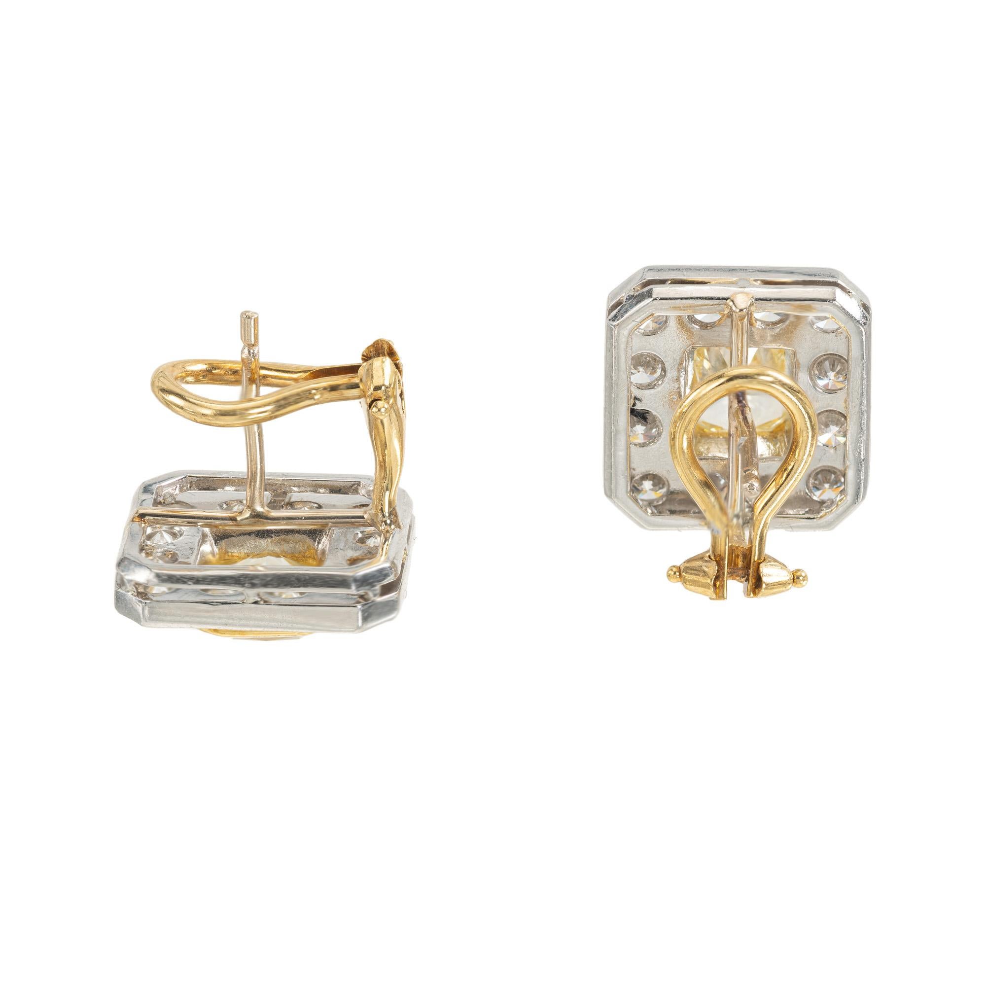 Women's Peter Suchy 2.17 Carat Yellow White Diamond Halo Platinum Gold Octagon Earrings For Sale