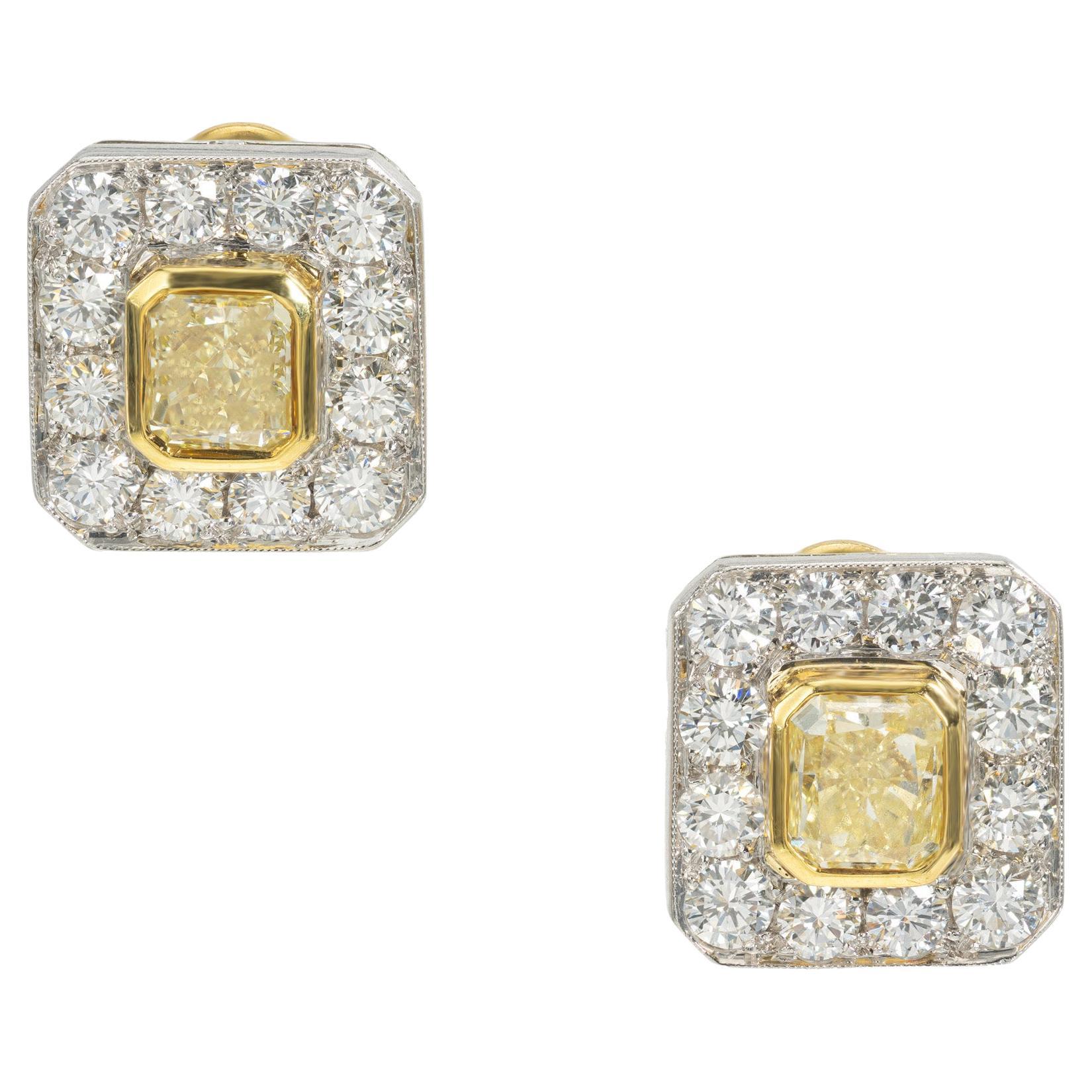 Peter Suchy 2.17 Carat Yellow White Diamond Halo Platinum Gold Octagon Earrings For Sale