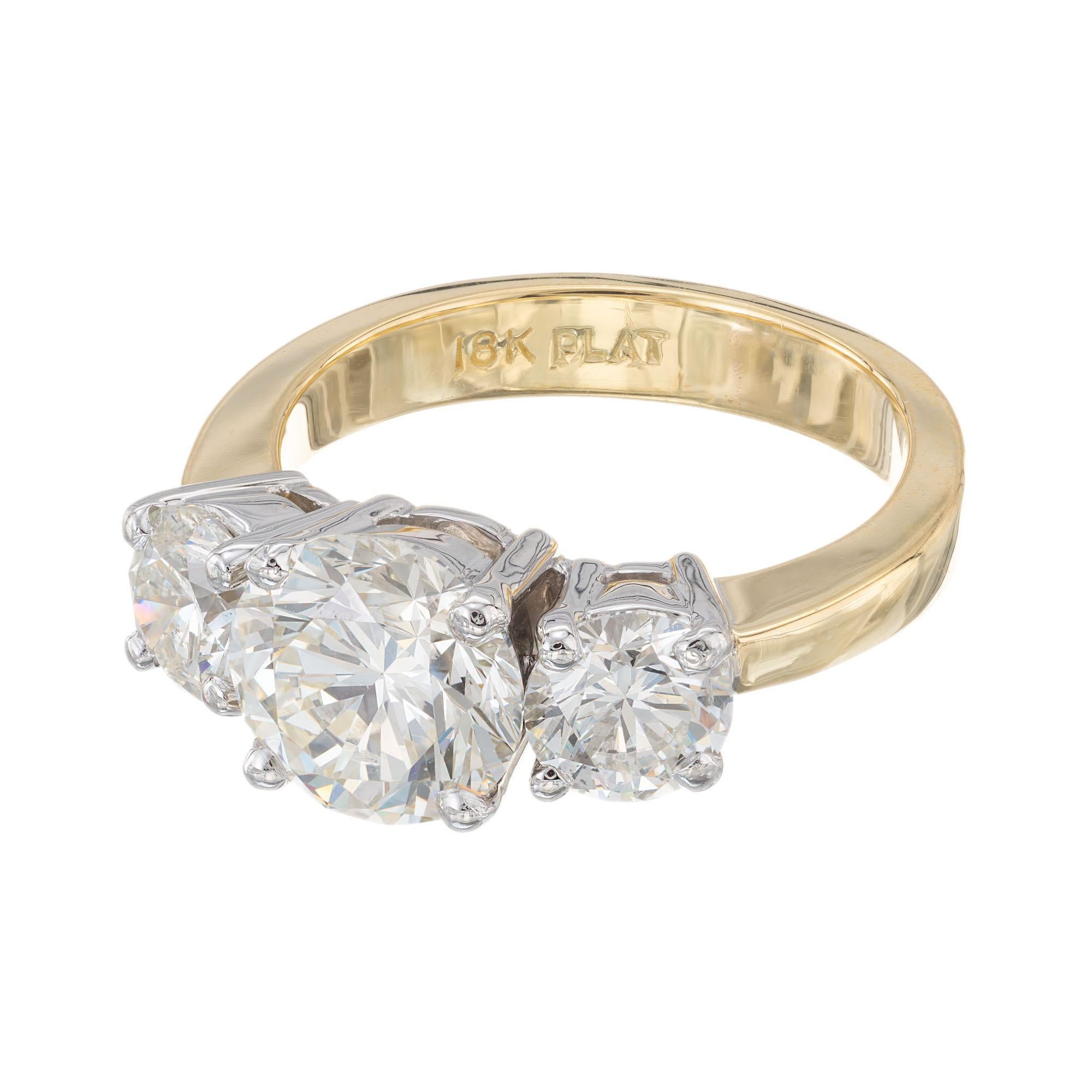 Round Cut Peter Suchy 2.18 Carat Diamond Yellow Gold Platinum Three-Stone Engagement Ring For Sale
