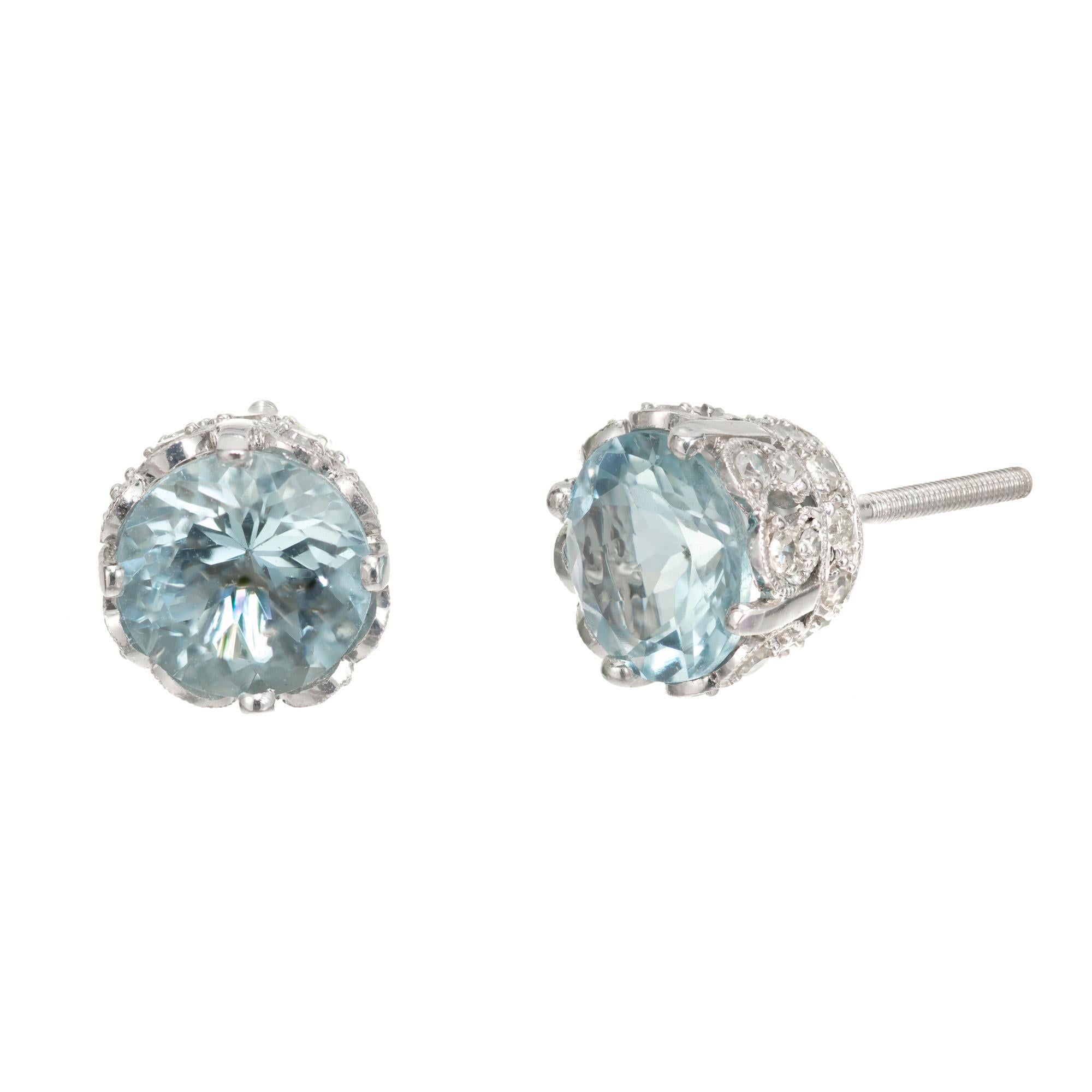 Round Cut Peter Suchy 2.34 Carat Aquamarines Diamond White Gold Stud Earrings For Sale