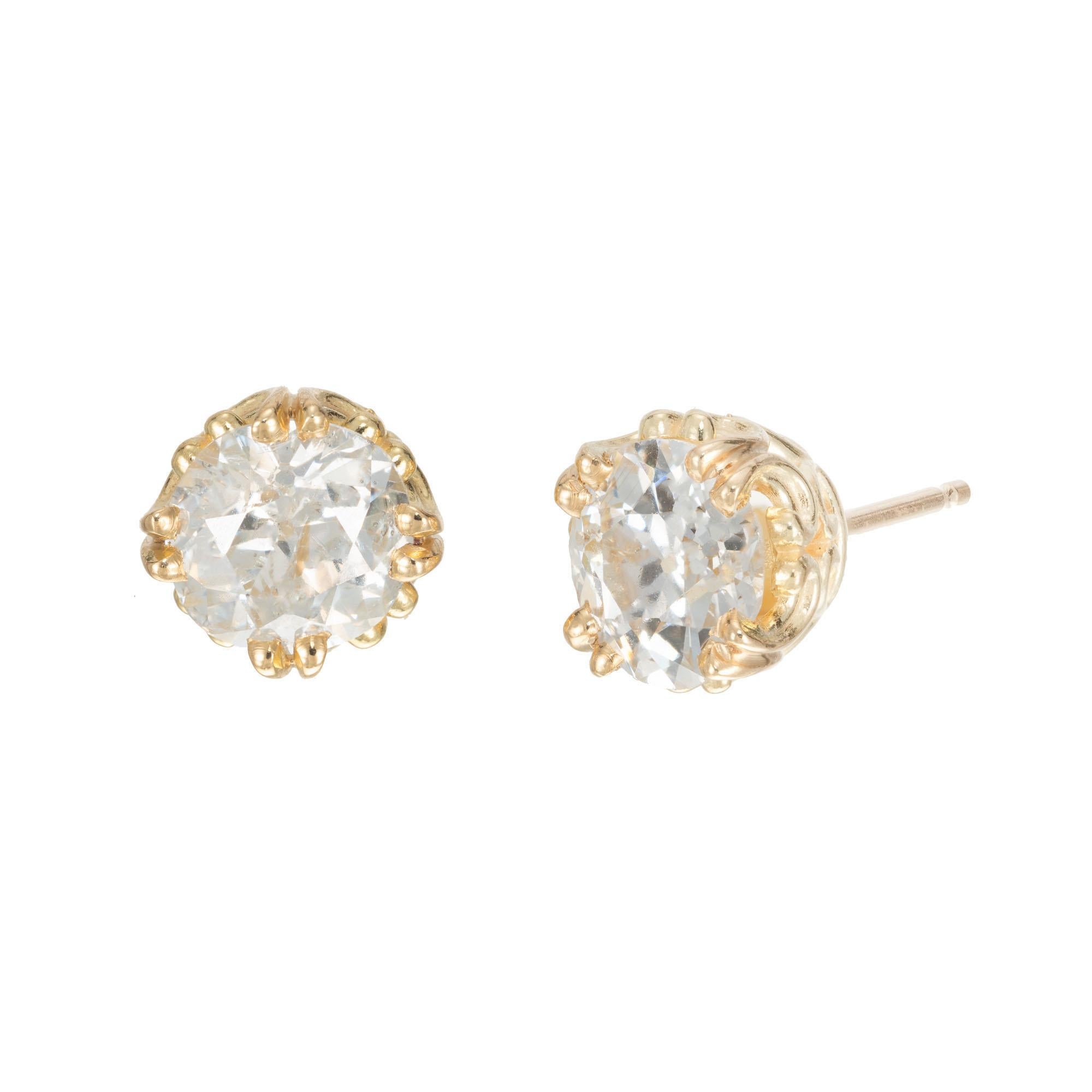 Old European Cut Peter Suchy 2.41 Carat Diamond Yellow Gold Stud Earrings For Sale