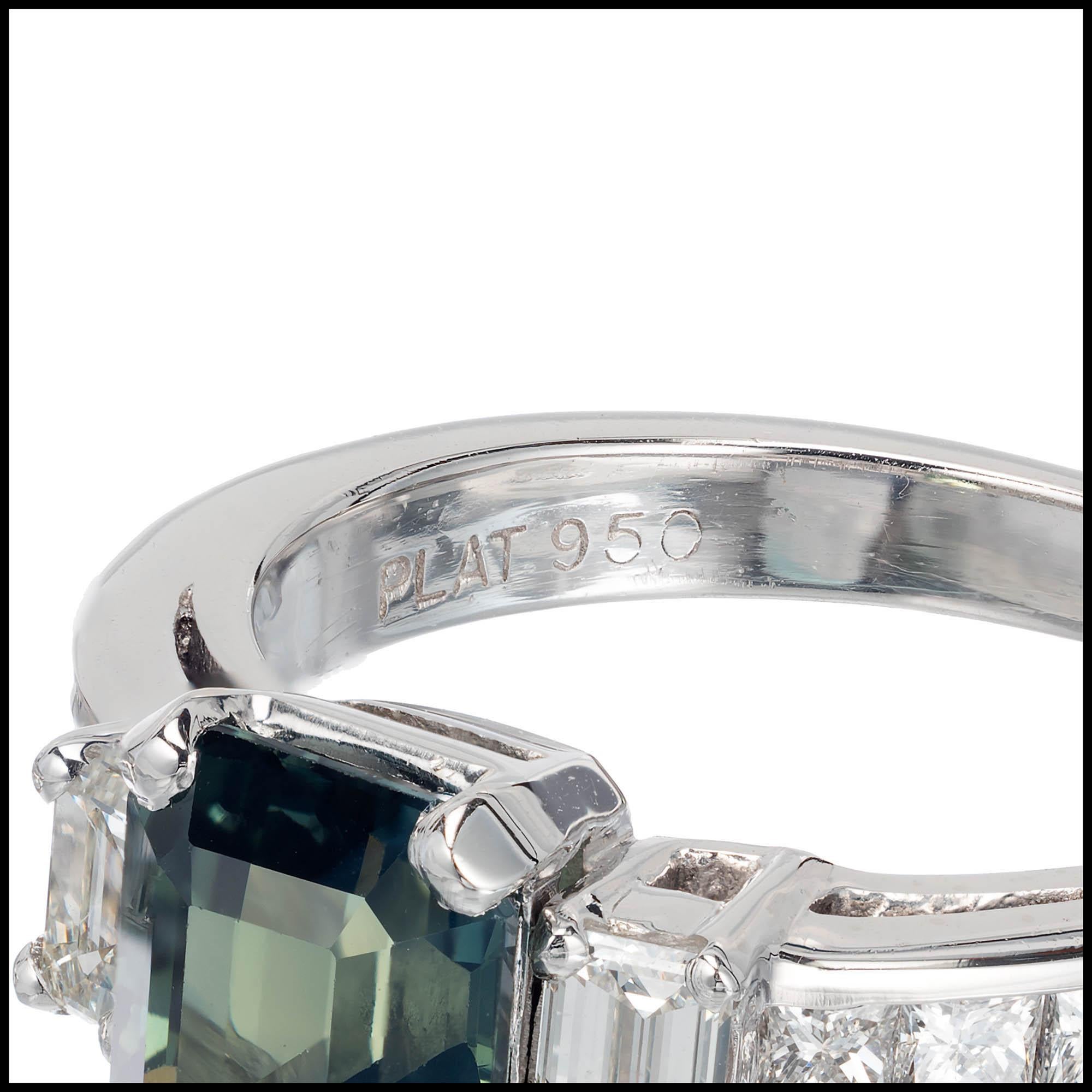 Emerald Cut Peter Suchy 2.46 Carat Blue Green Sapphire Diamond Platinum Engagement Ring