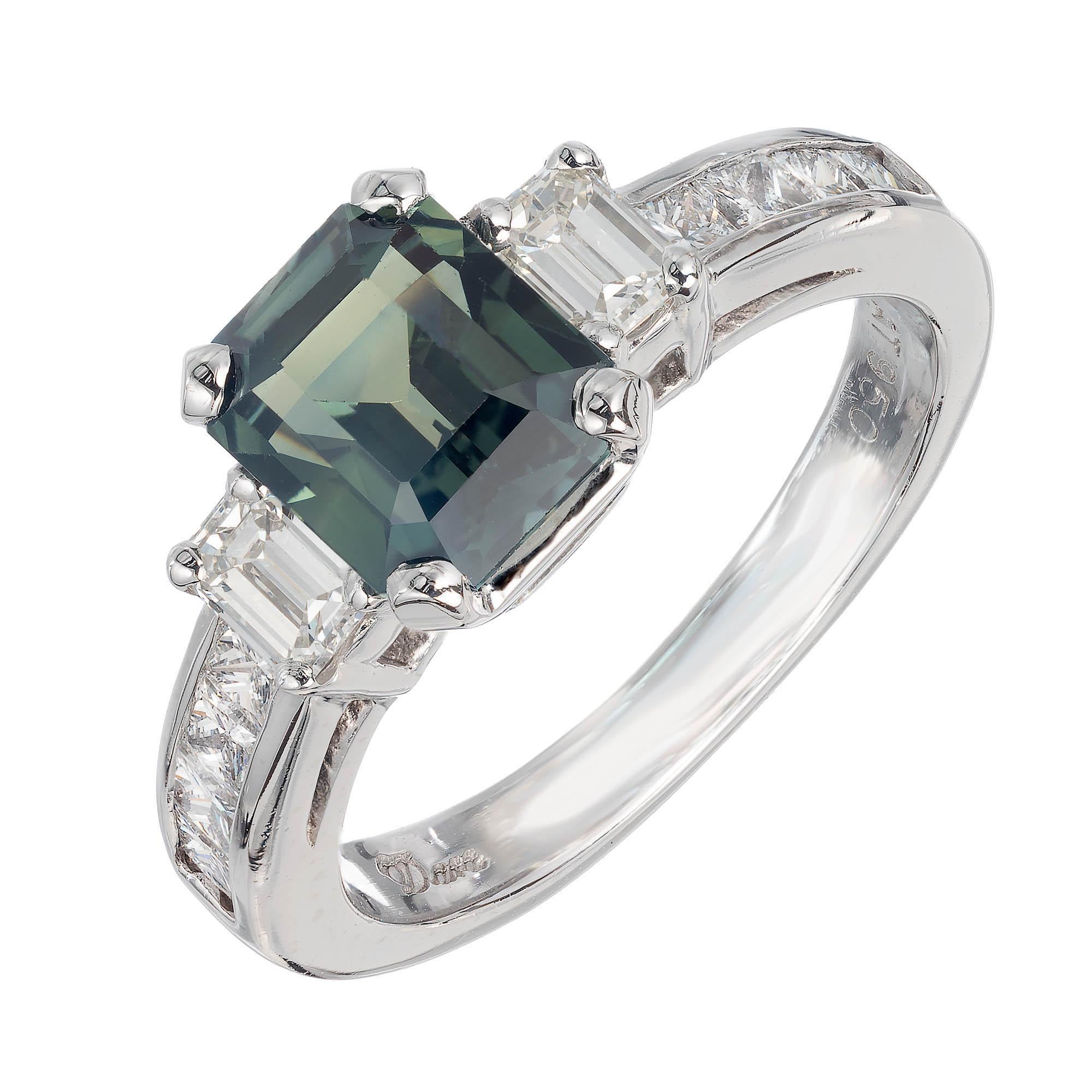 Peter Suchy 2.46 Carat Blue Green Sapphire Diamond Platinum Engagement Ring