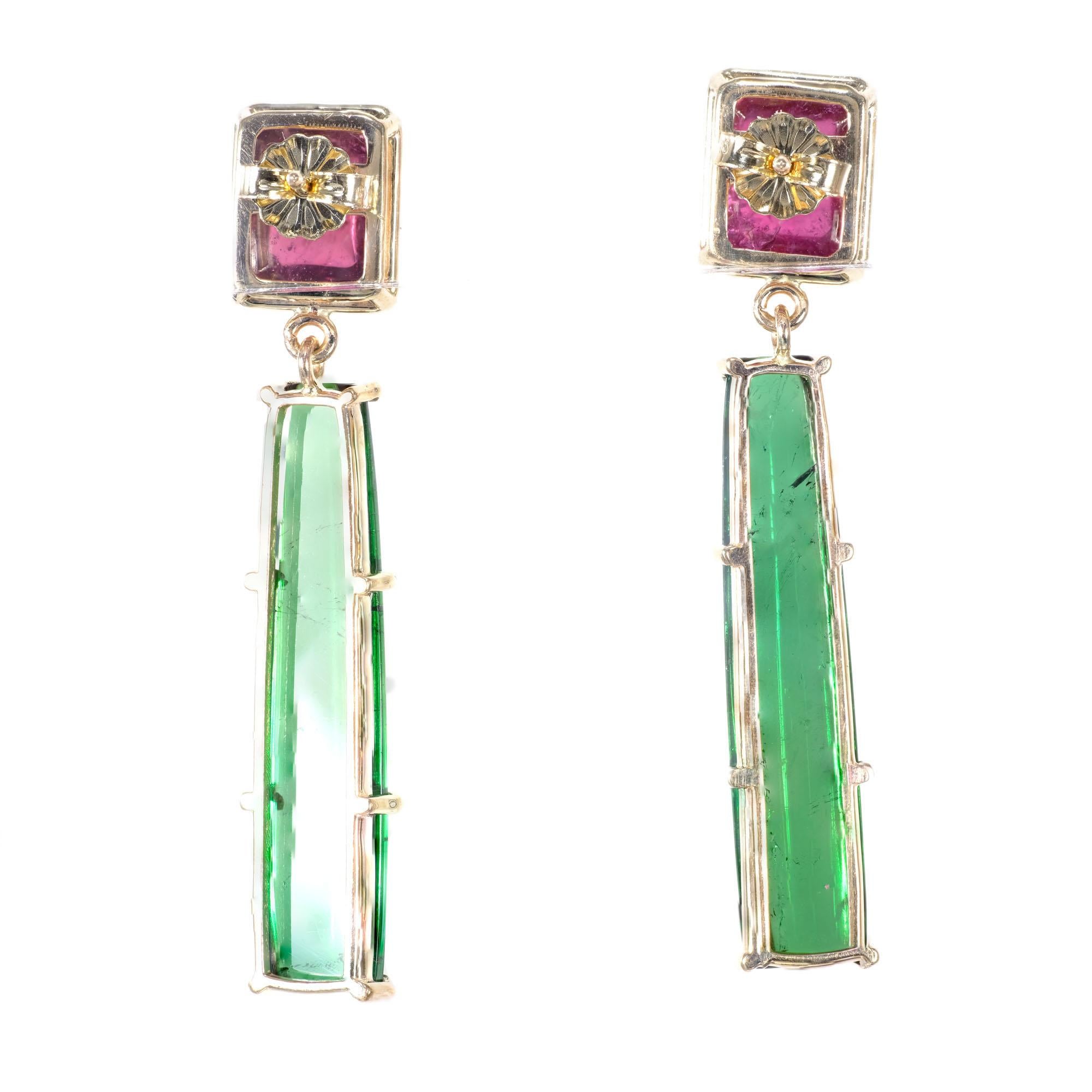 Round Cut Peter Suchy 24.76 Tourmaline Yellow Gold Dangle Earrings For Sale