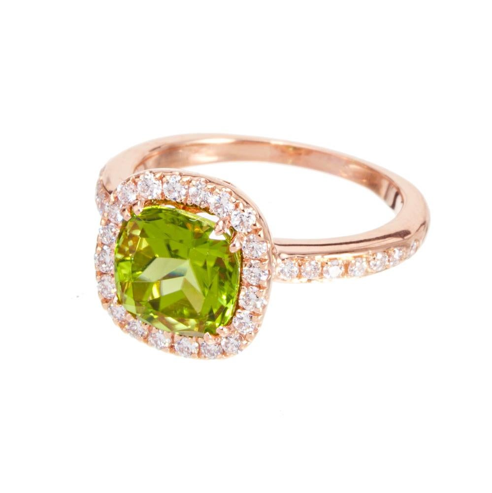 Cushion Cut Peter Suchy 2.63 Carat Peridot Diamond Rose Gold Halo Engagement Ring For Sale