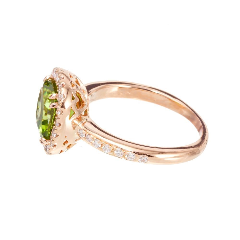 Peter Suchy 2.63 Carat Peridot Diamond Rose Gold Halo Engagement Ring In New Condition For Sale In Stamford, CT