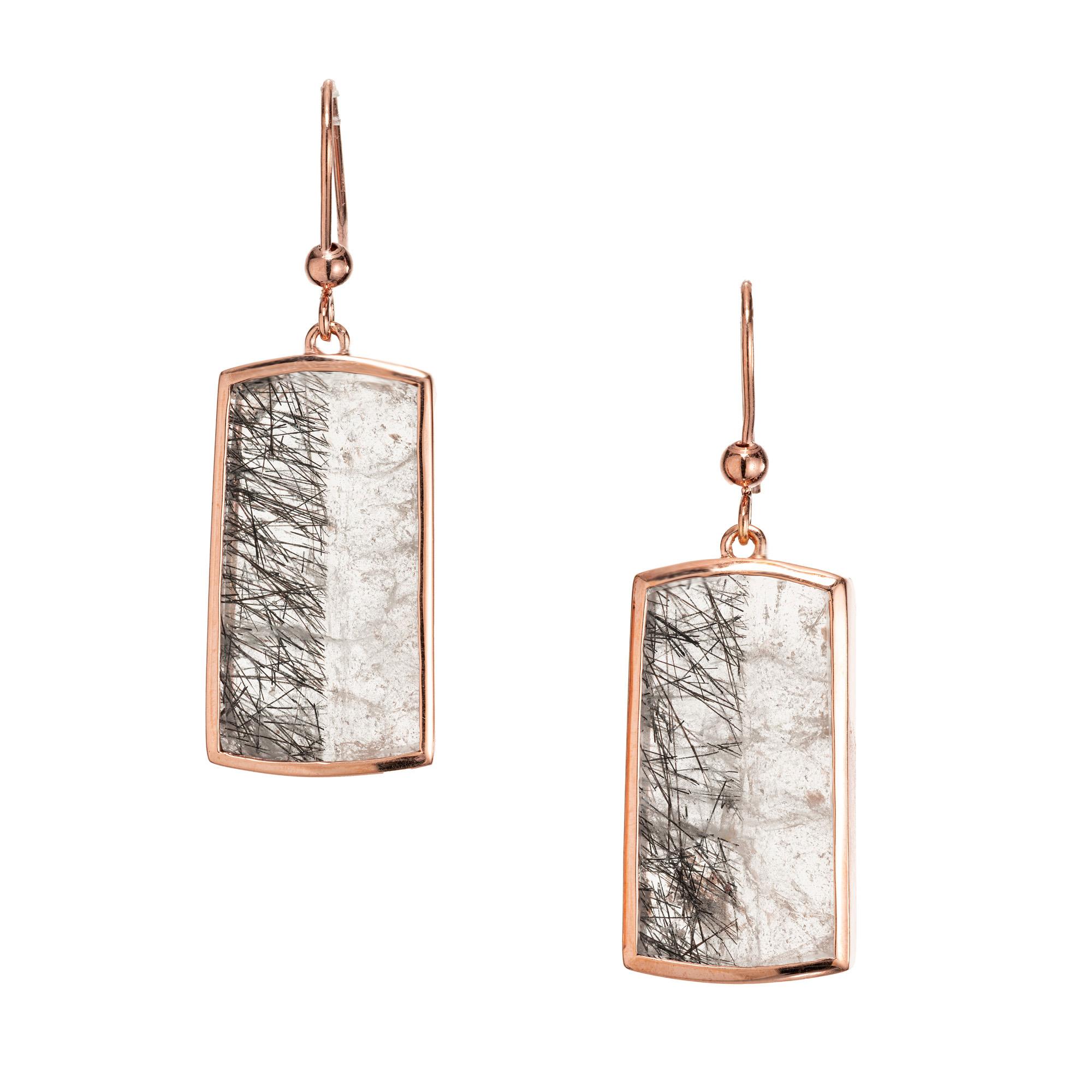 Peter Suchy Transparent Quartz Crystal Rose Gold Dangle Earrings. The settings are handmade in our workshop for the stones. Clear transparent Quartz with natural inclusions. These stunning earrings capture the light with every movement, showcasing