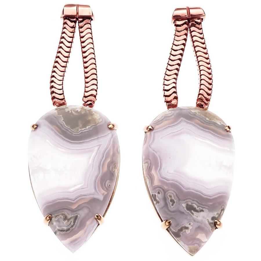 Women's Peter Suchy 27.35 Carat Pear Agate Rose Gold Dangle Earrings For Sale